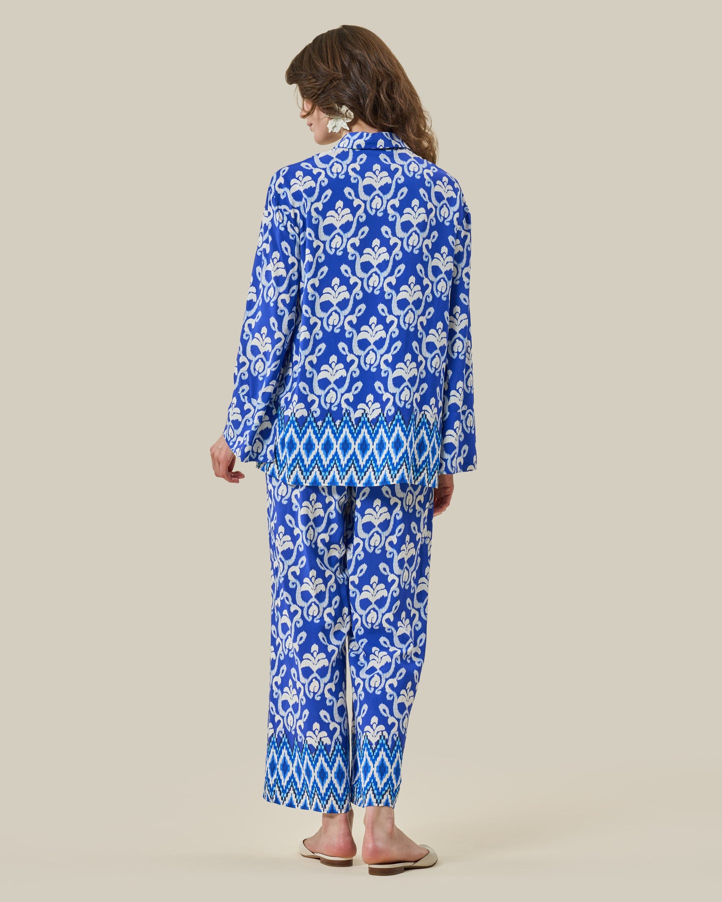 Blue Ikat Printed Silk Shirt & Trouser Set