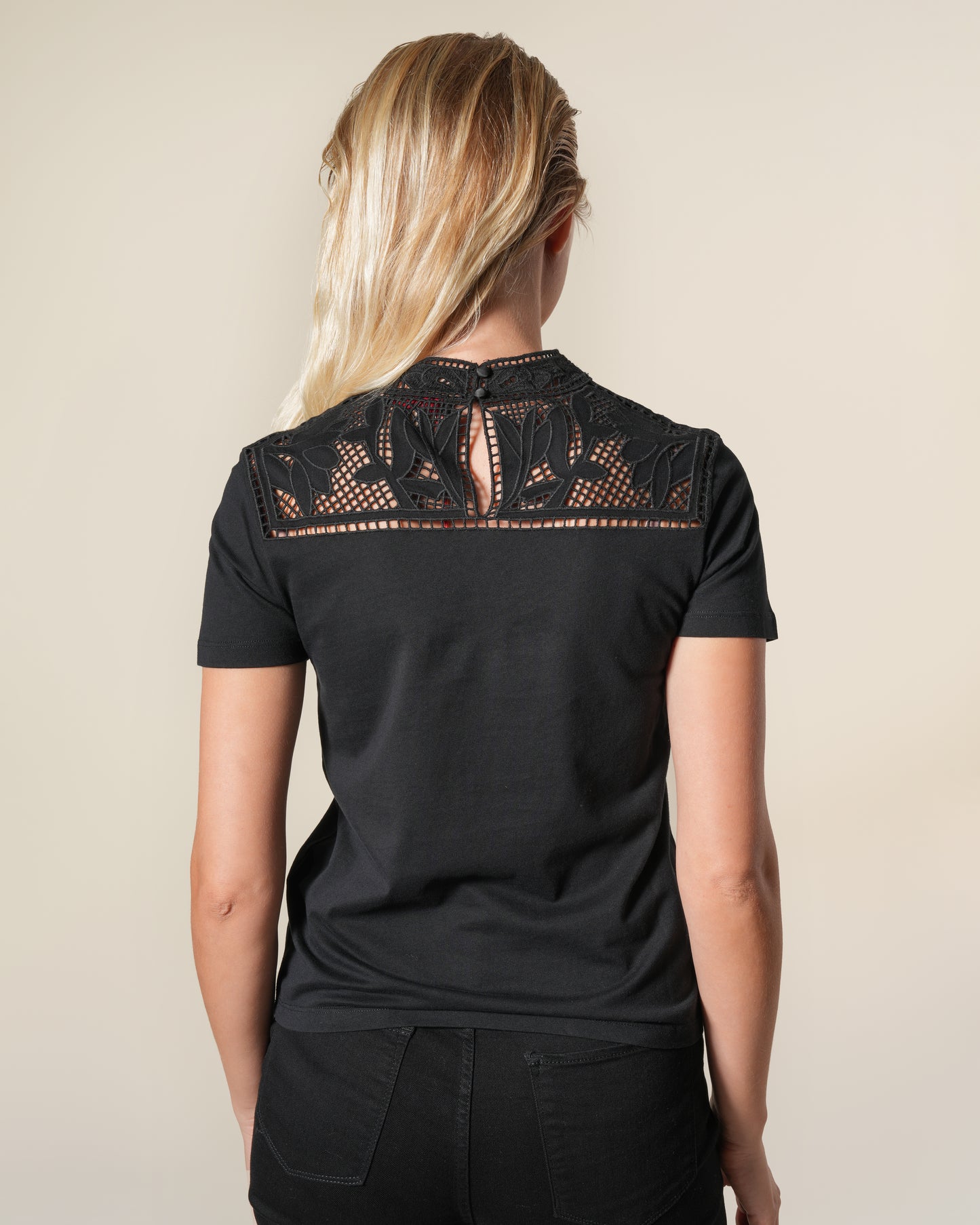 Broderie Anglaise High-Neck Cotton T-shirt