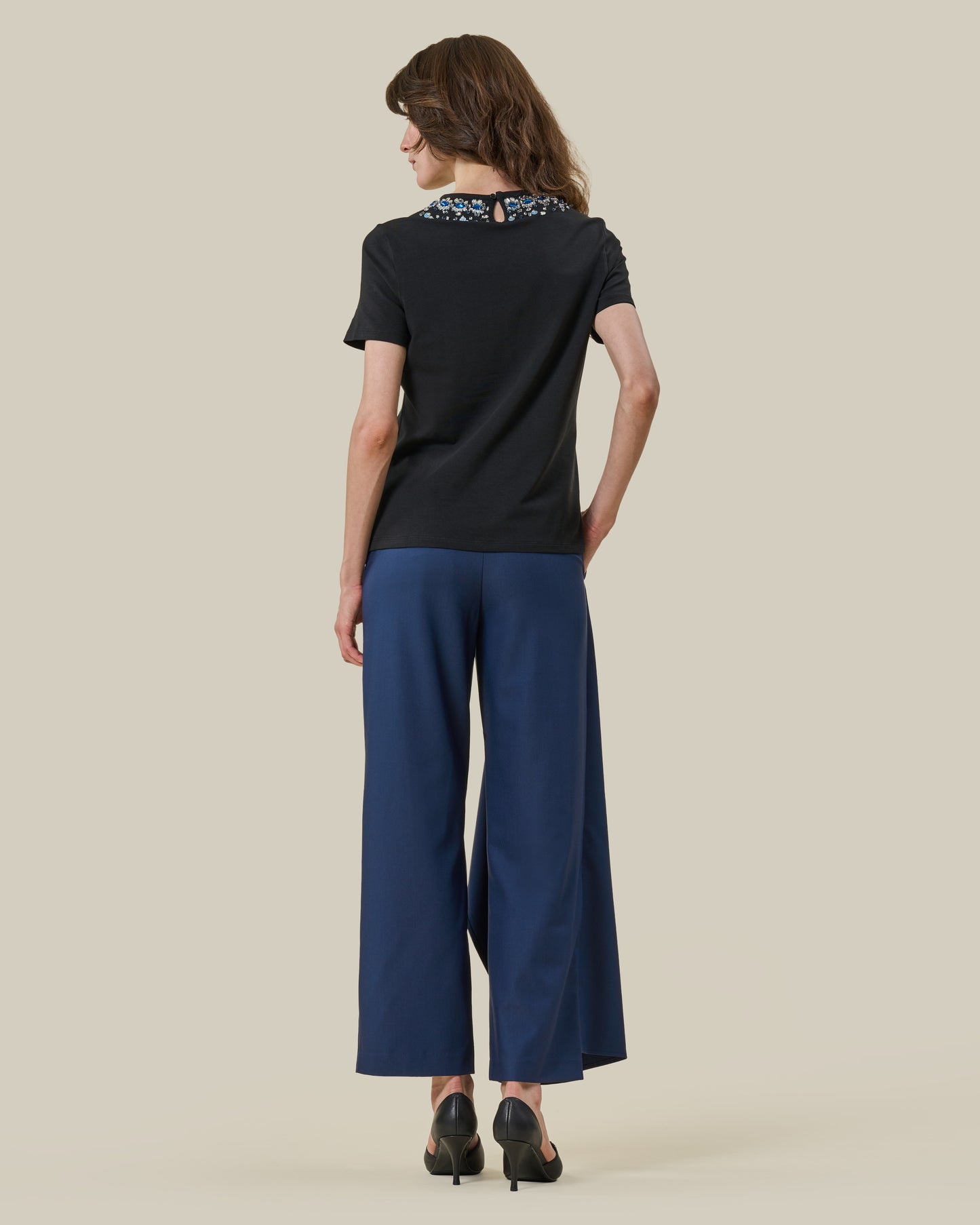 Black Embellished Neckline T-Shirt