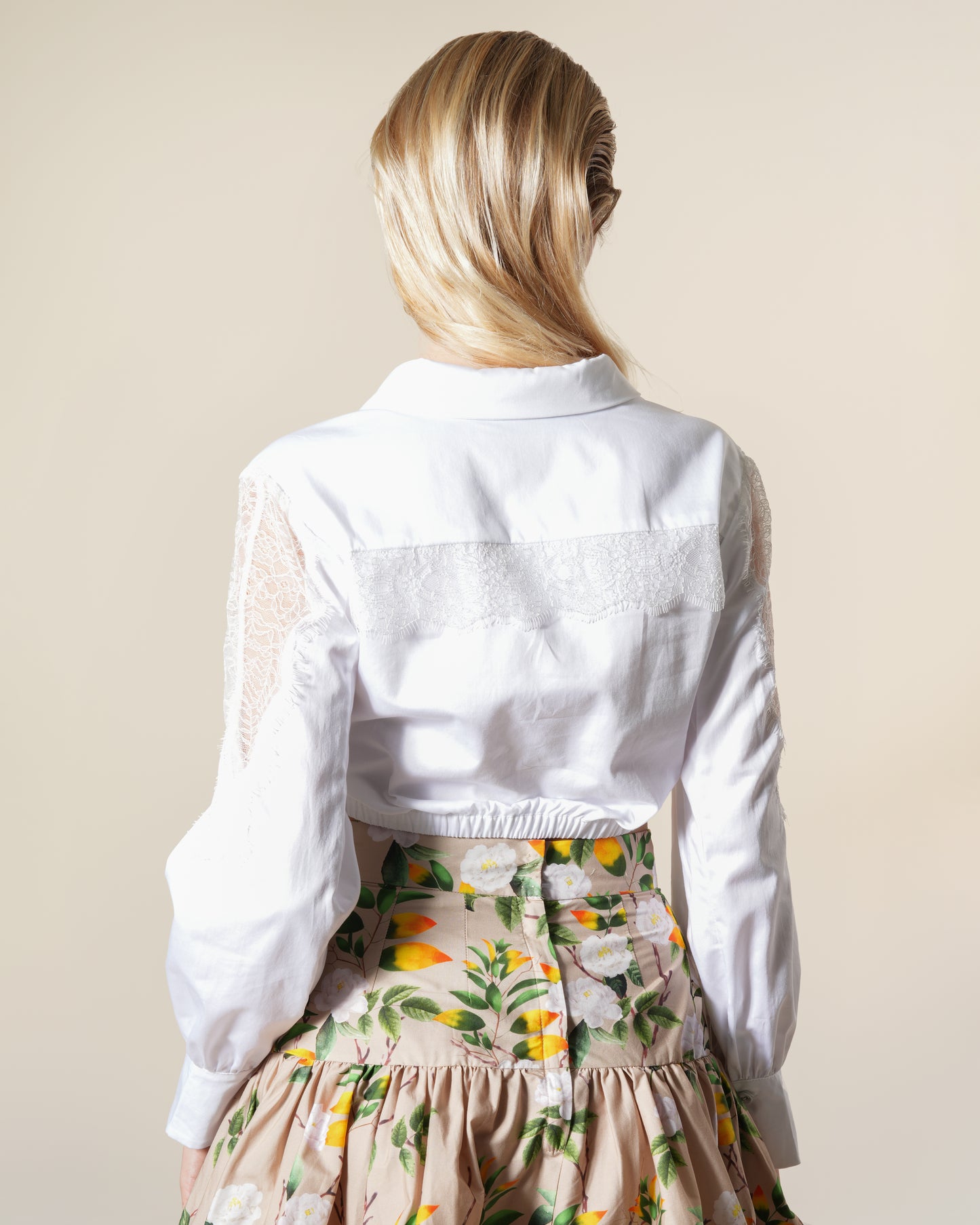 White Lace Insert Long Sleeves Shirt