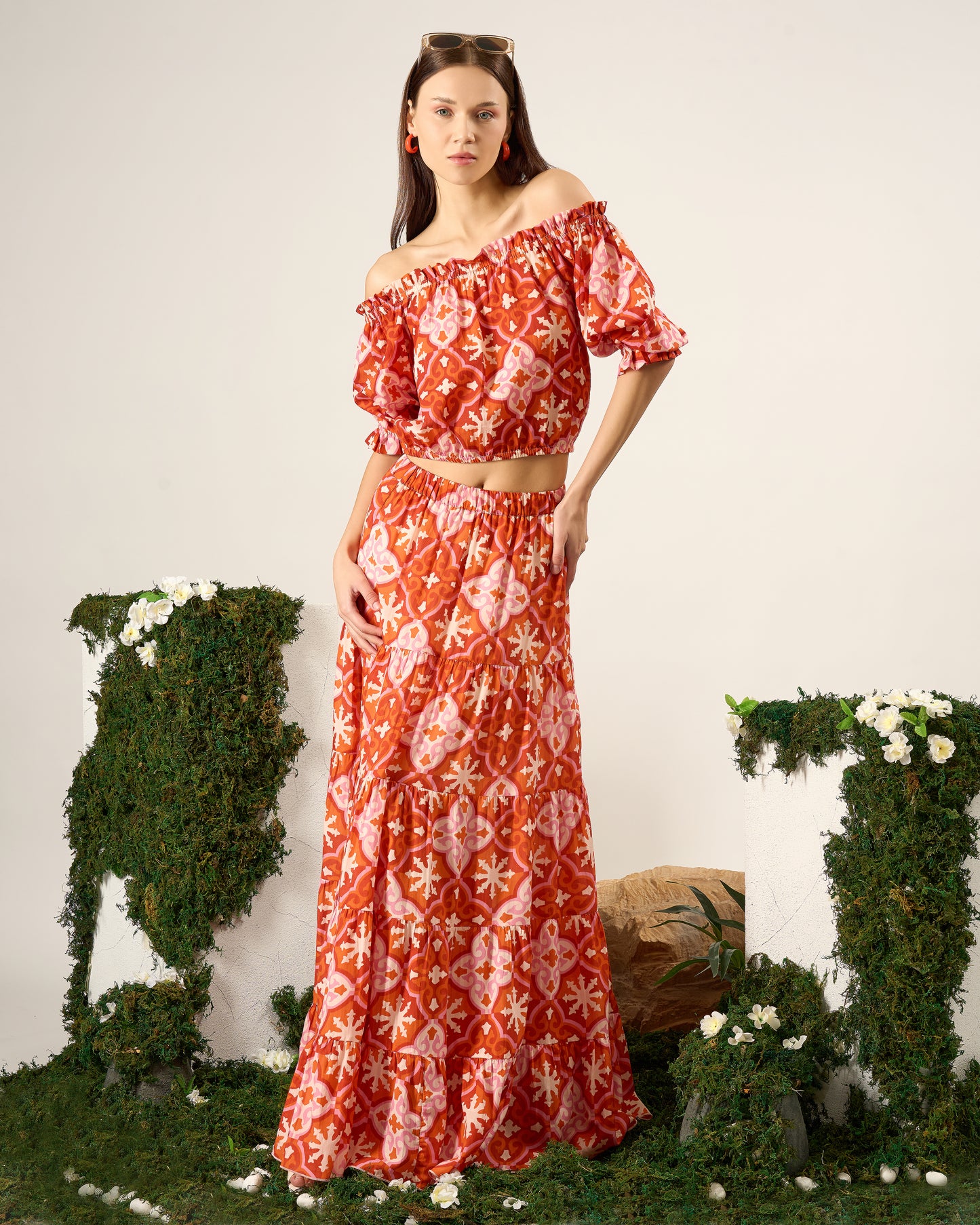 Tile Print Off-Shoulder Top