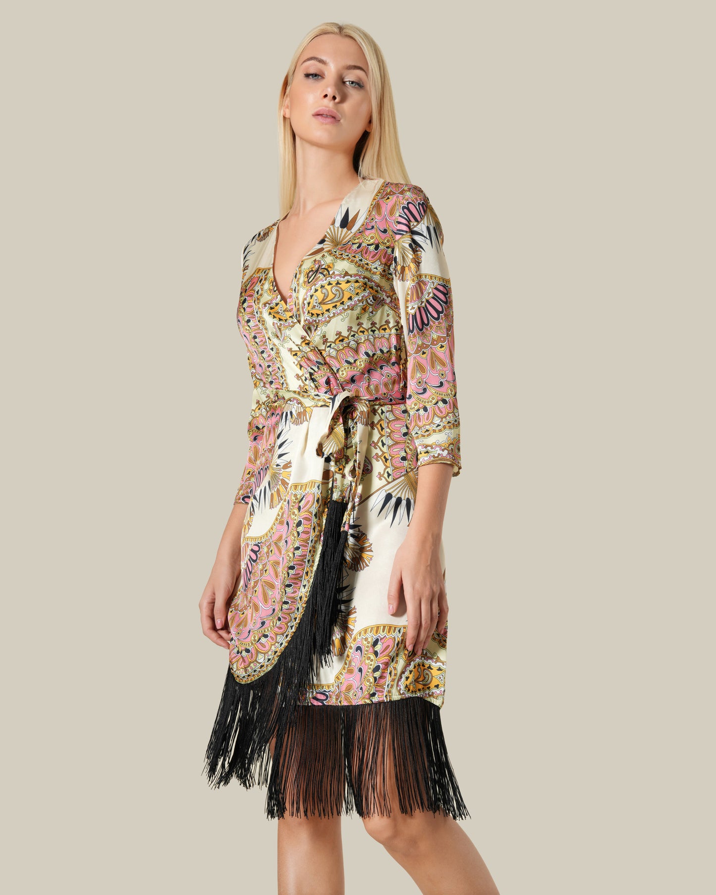 Fringed Paisley Print Wrap Dress