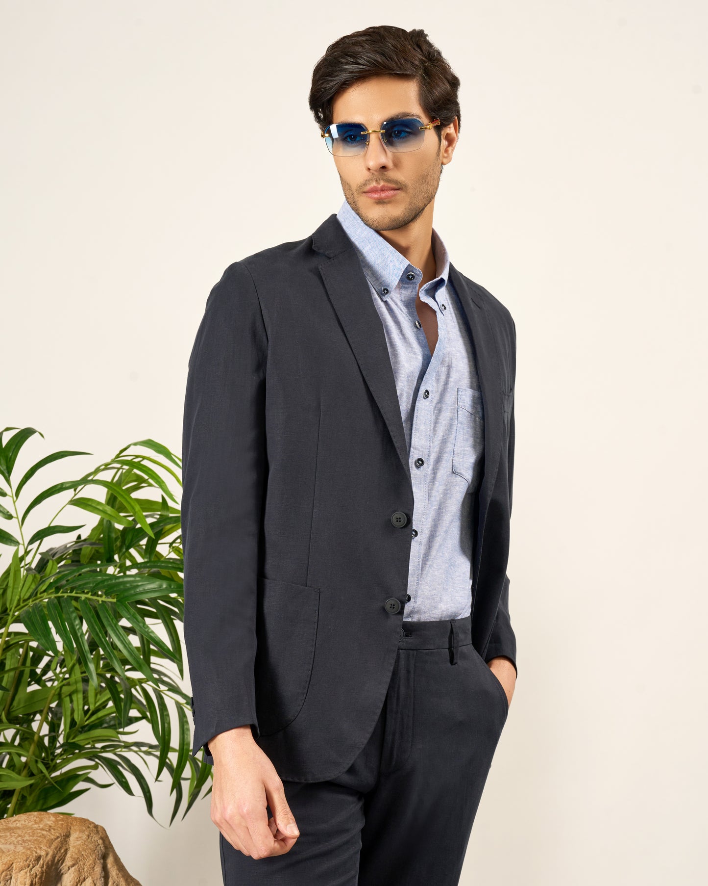 Navy Blue Linen Blend Sport Jacket