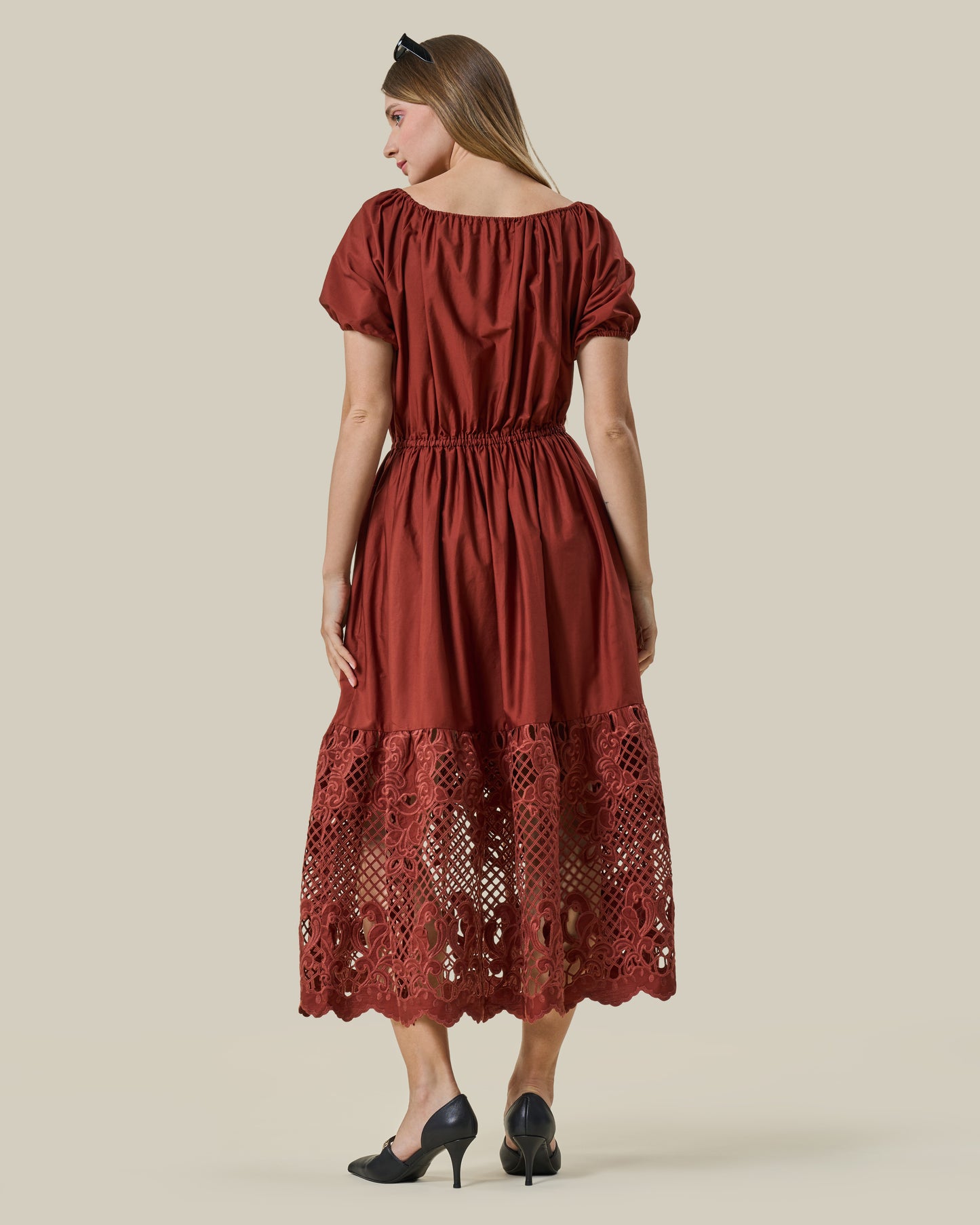 Terracotta Cutout Embroidery Midi Dress