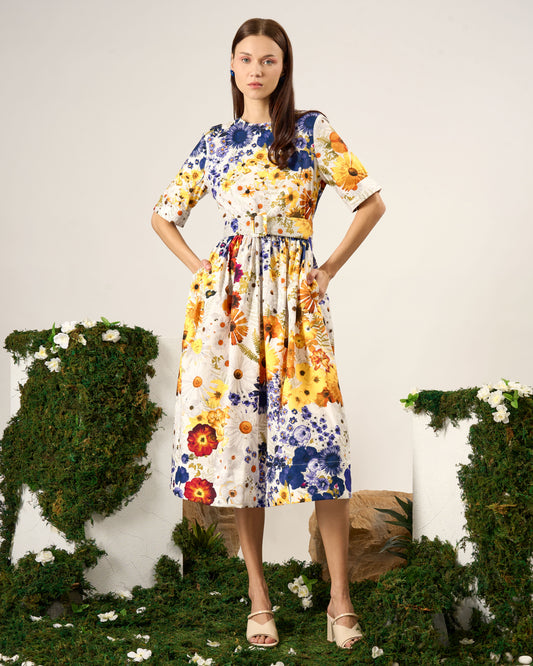 Bright Florals Belted Midi Dress