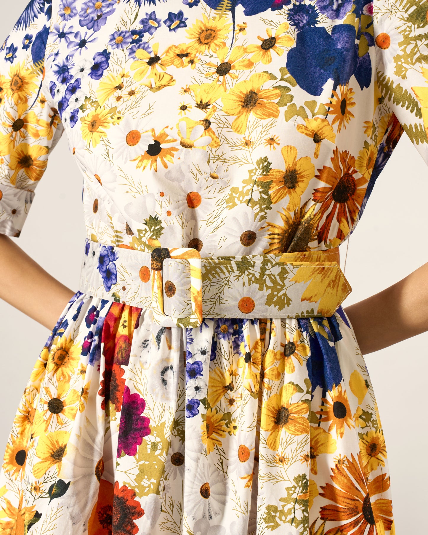 Bright Florals Belted Midi Dress