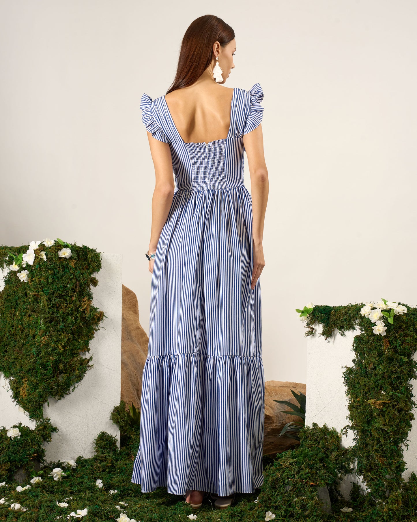 Pinstripe Ruffle Maxi Dress