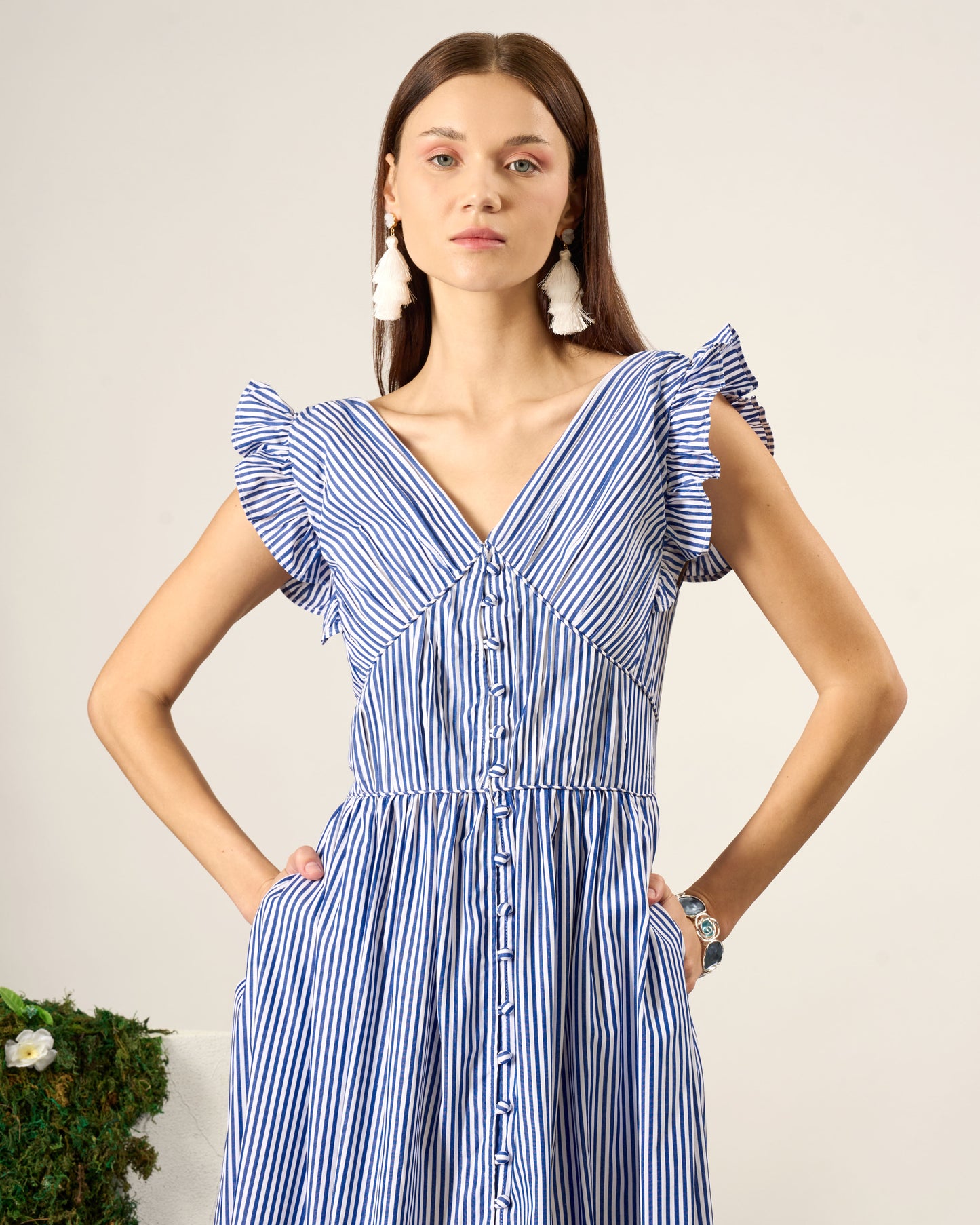 Pinstripe Ruffle Maxi Dress