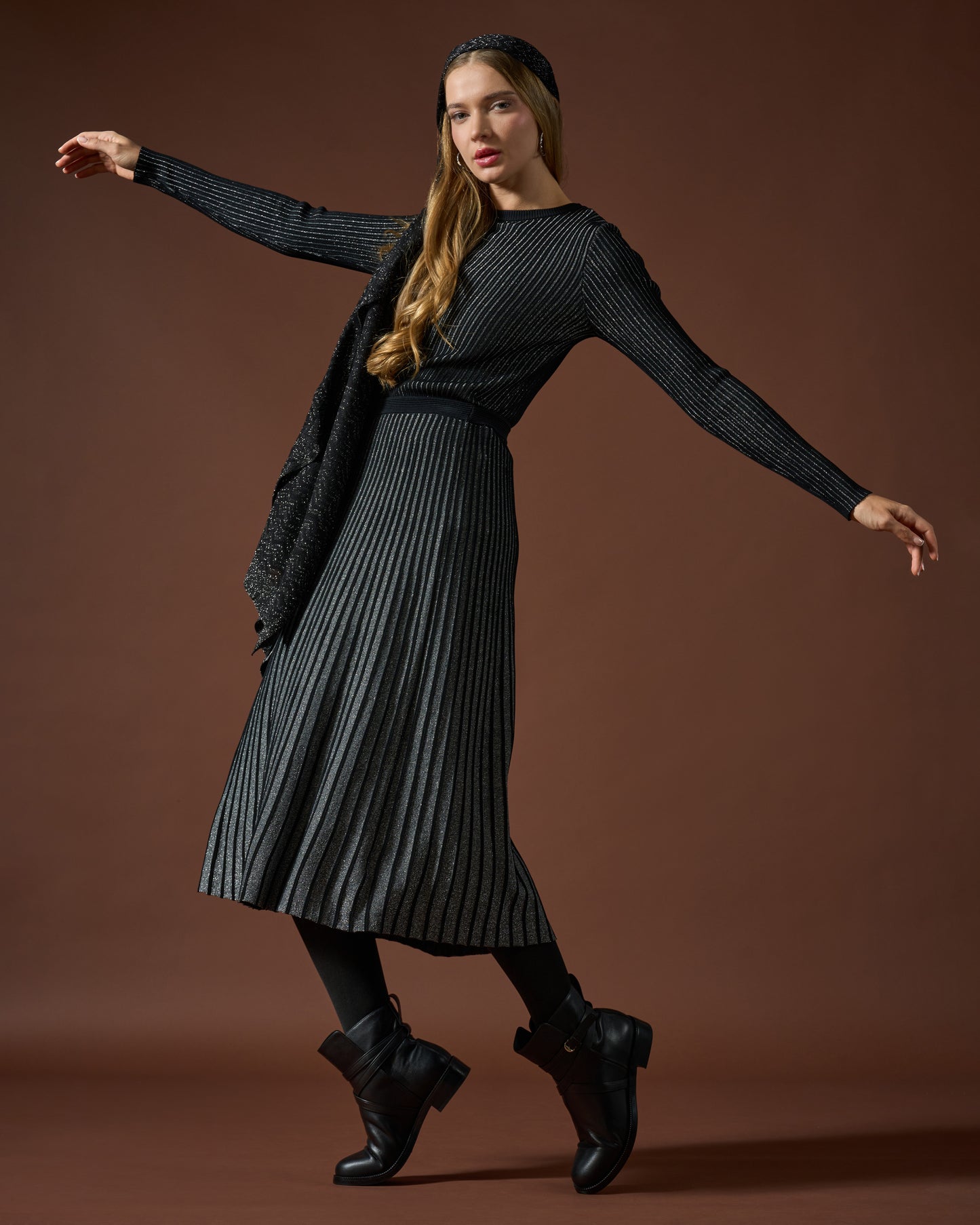Midnight Shimmer Pleated Midi Skirt