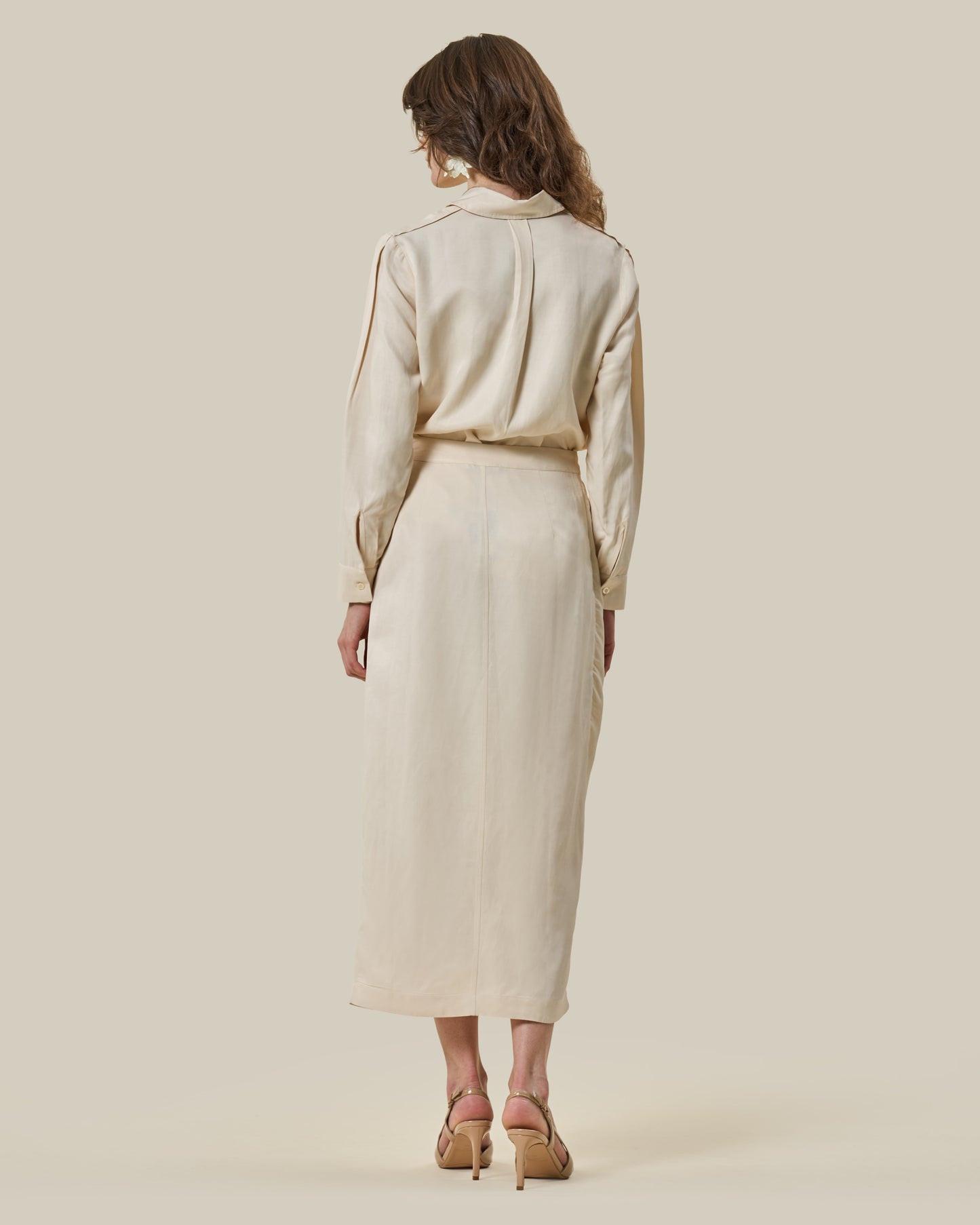 Beige Drape-Front Midi Shirt Dress