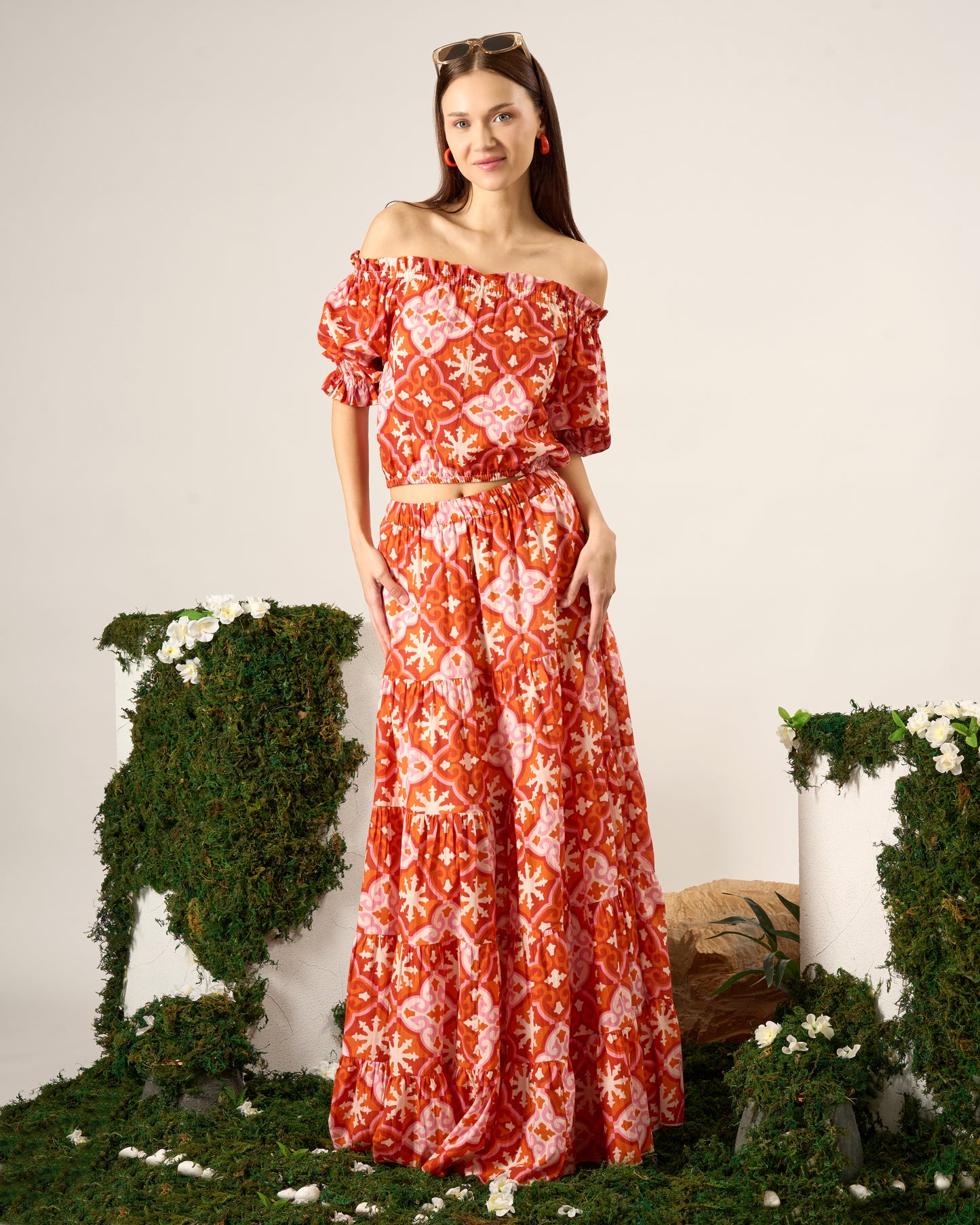Tile Print Tiered Skirt