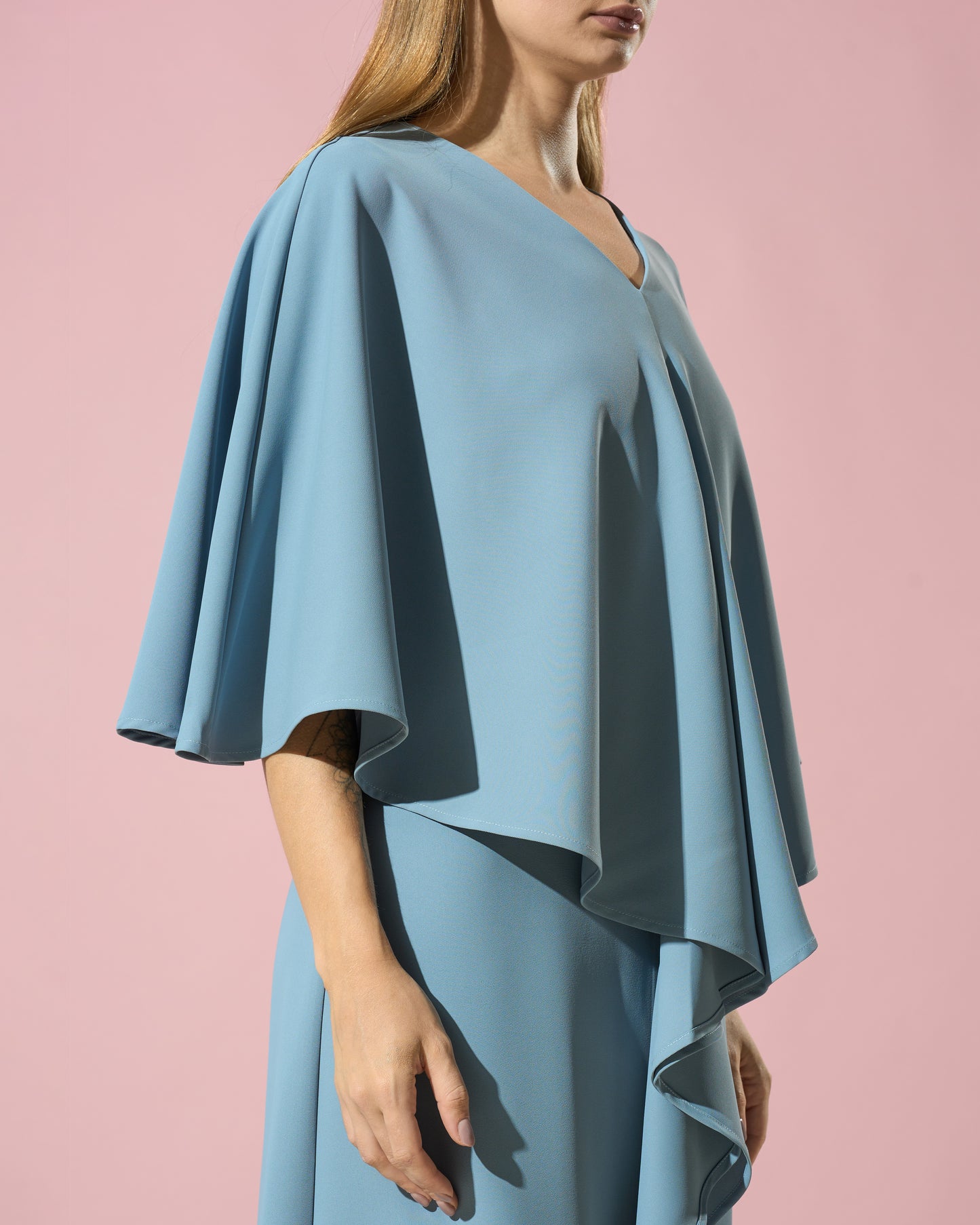 Dusty Blue Cape Overlay Dress