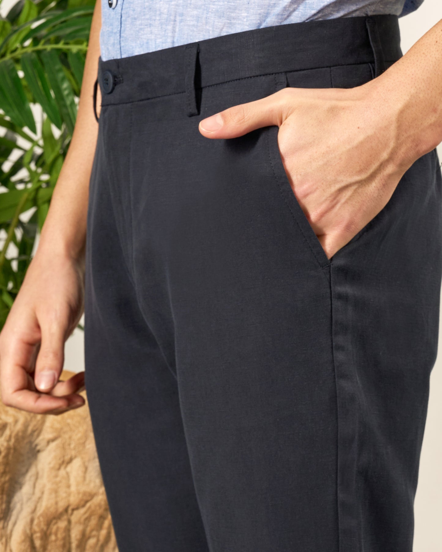 Navy Blue Linen Blend Trousers