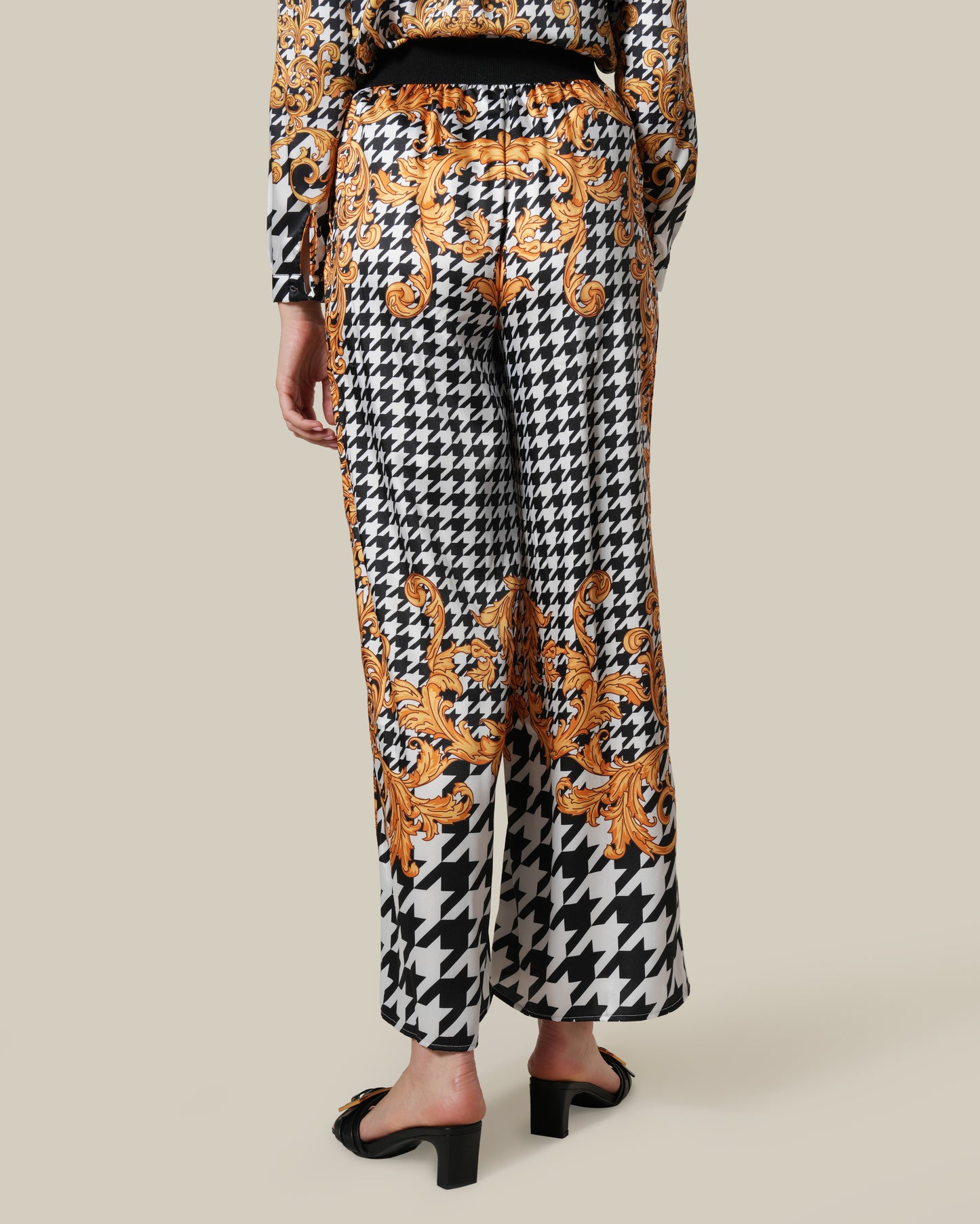 Baroque Houndstooth Motif Wide Leg Pants