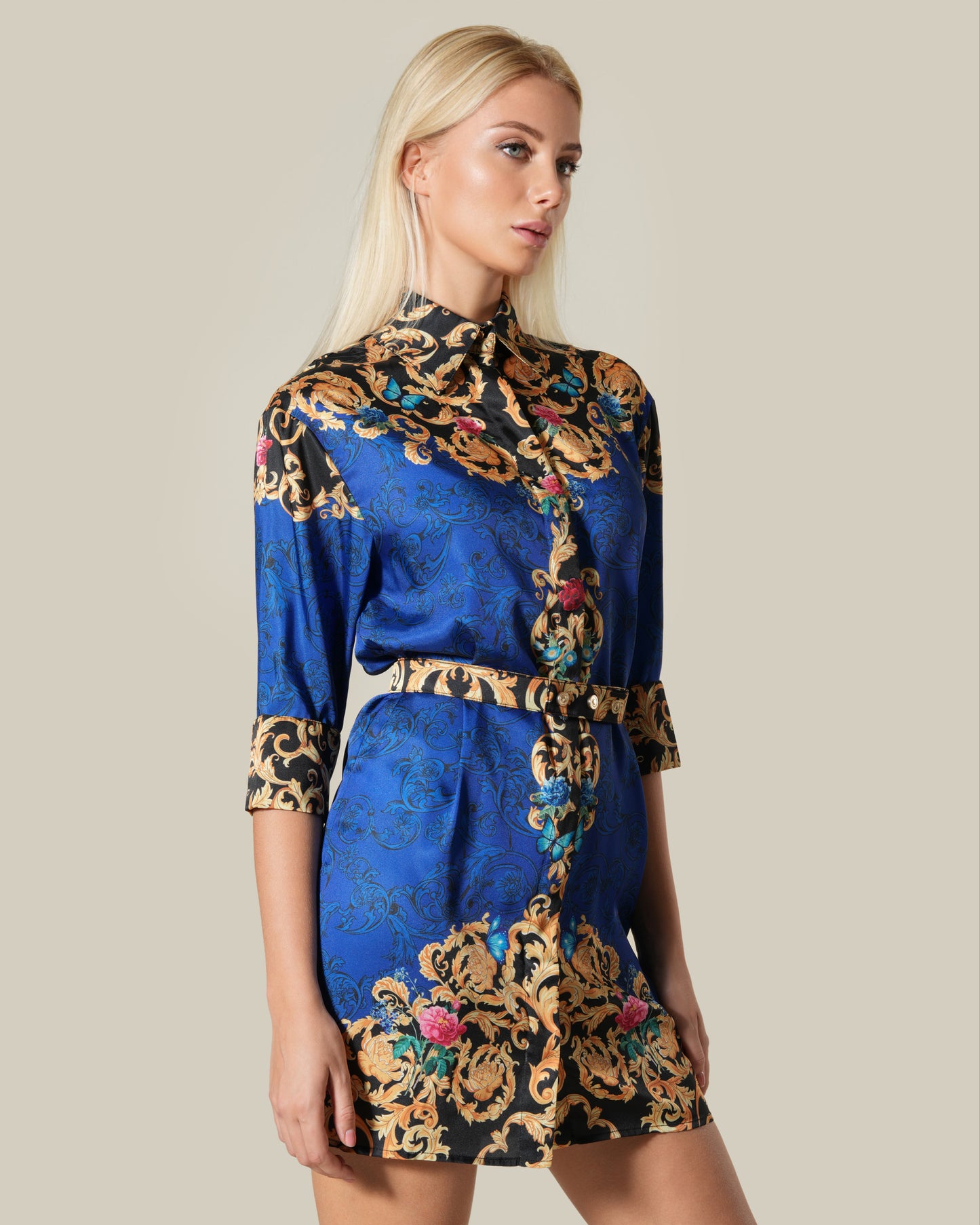 Baroque Floral Placement Printed Dress