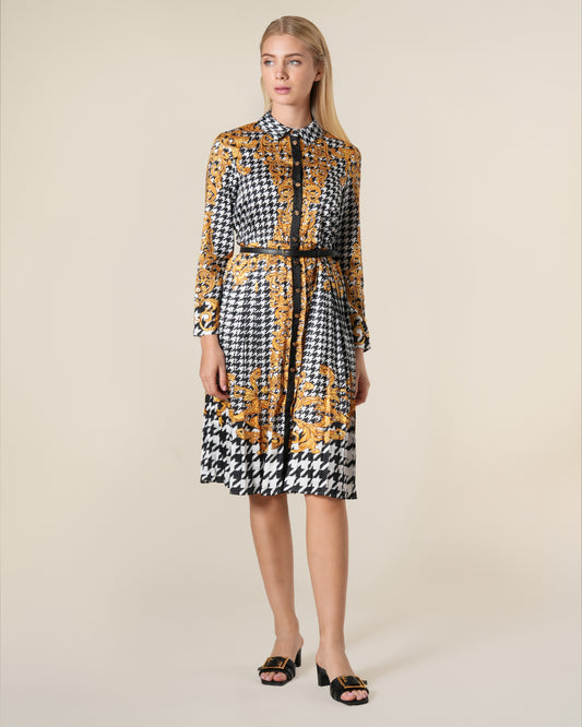 Geometric Baroque Print Pleated Shirt Dress