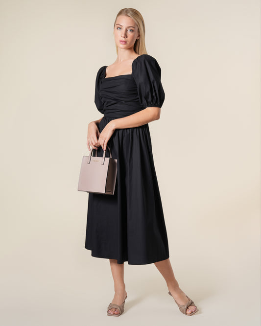 Puffed Sleeved Shirred Midi Dress
