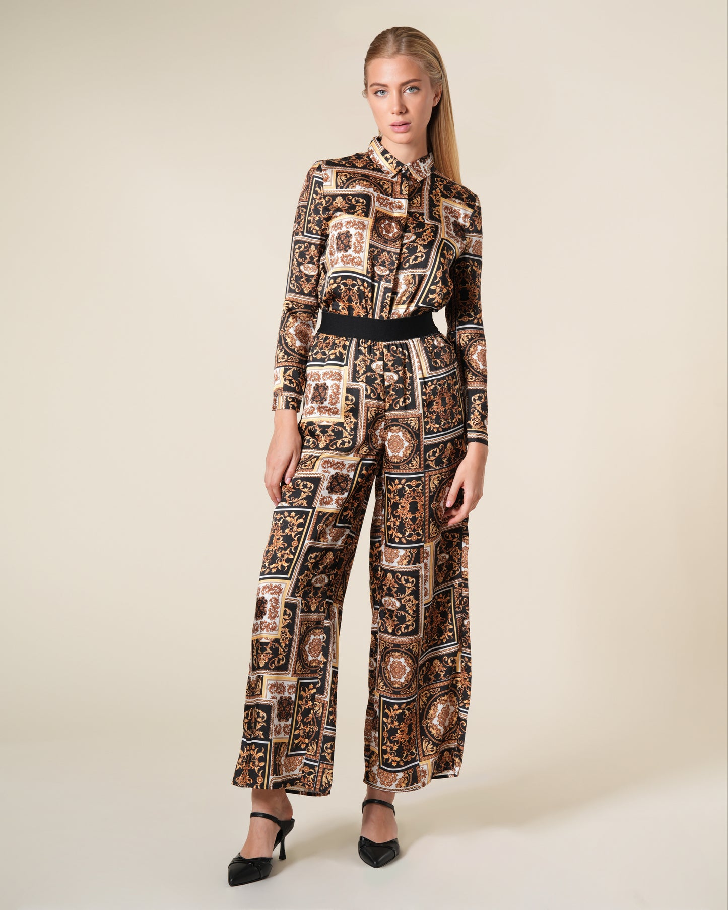 Baroque Patchwork Print Wide Leg Trousers