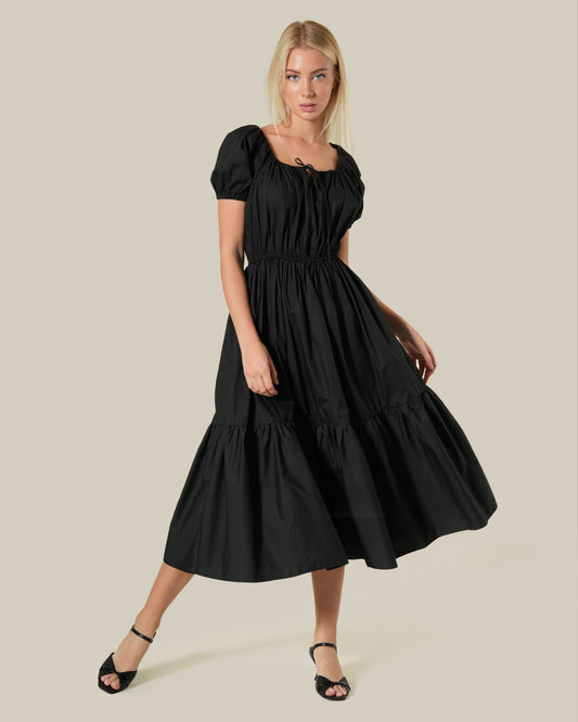 Puff Sleeved Cotton Midi Dress