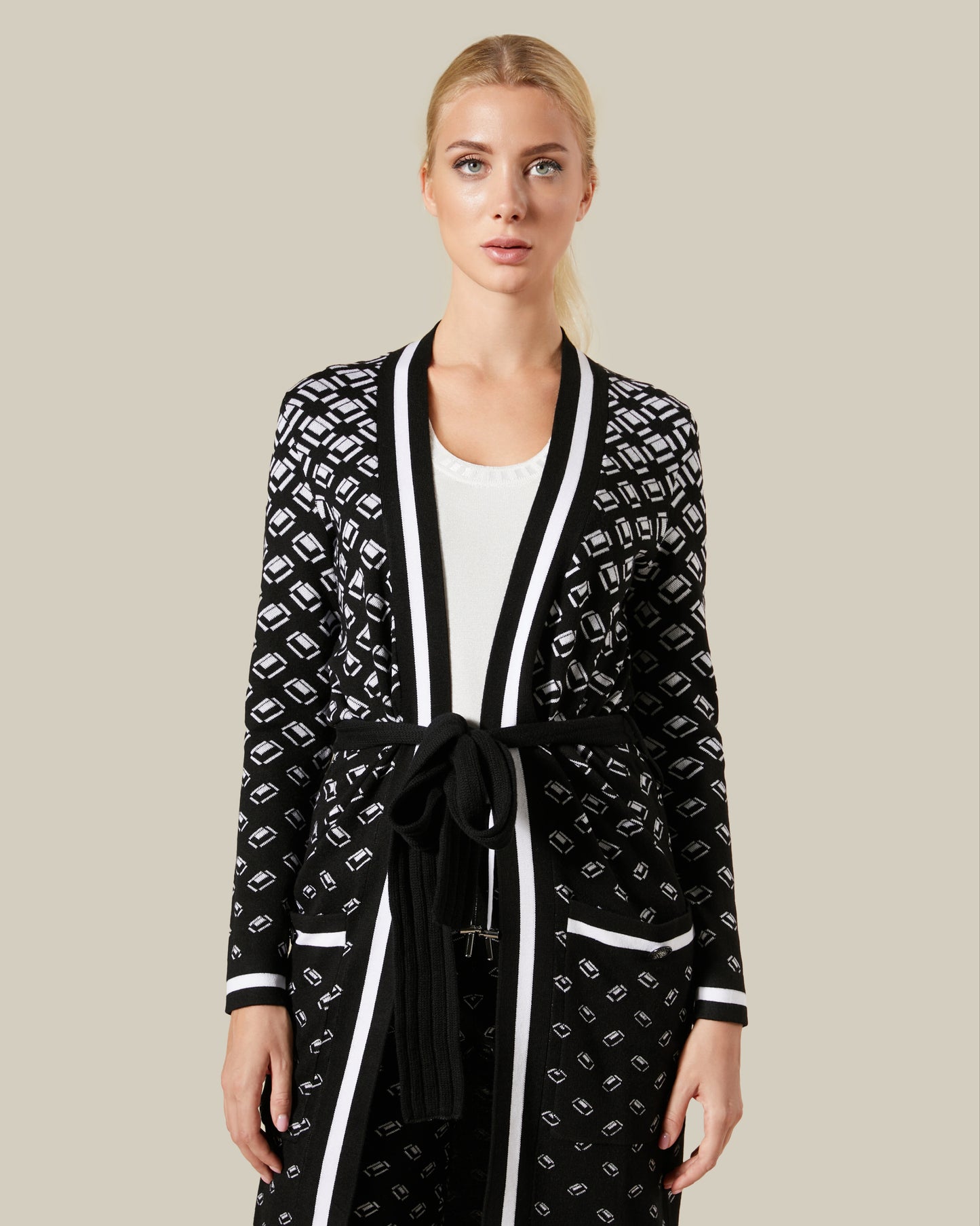 Geometric Patterned Belted Cardigan