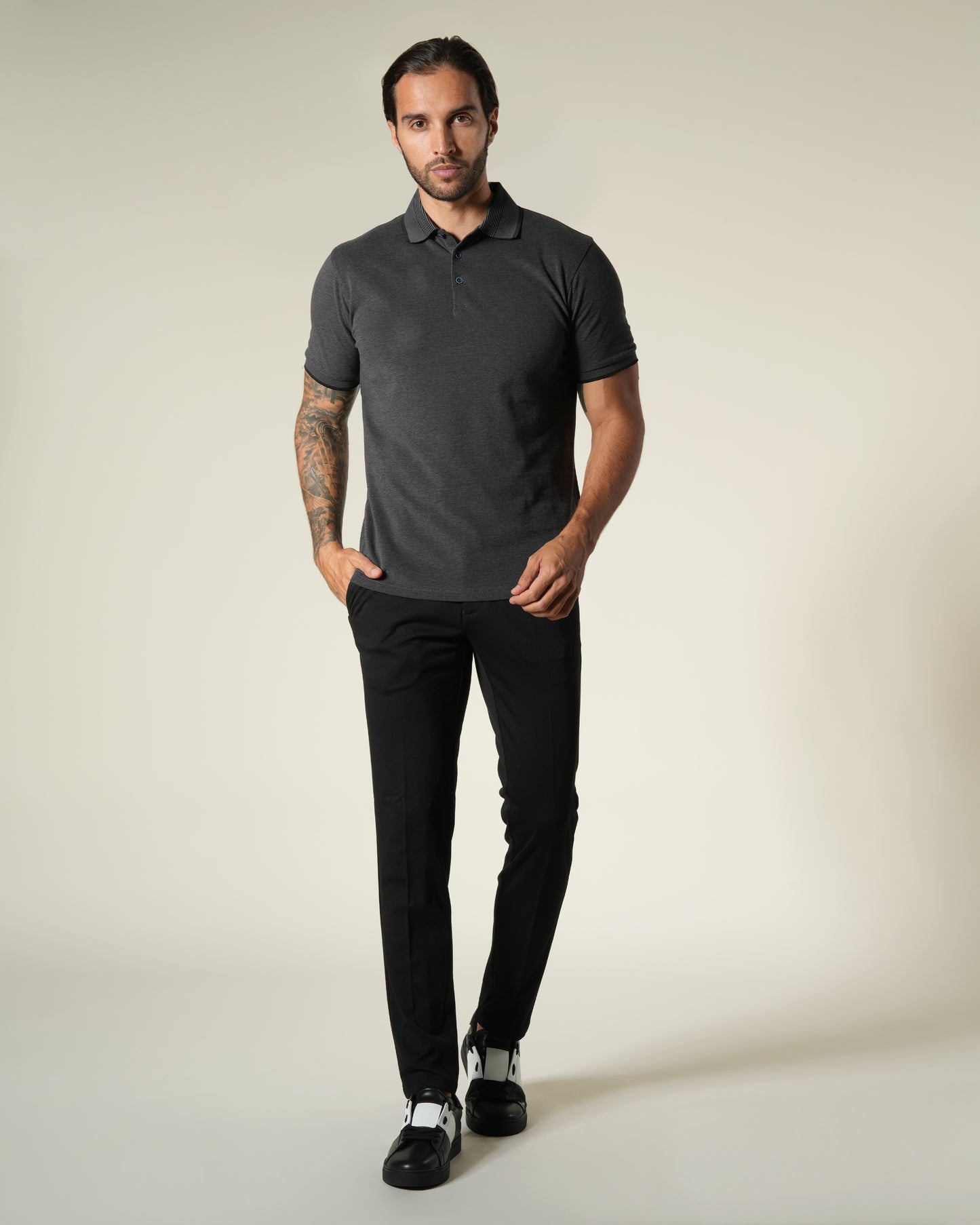 Striped Collar Cotton Polo Shirt