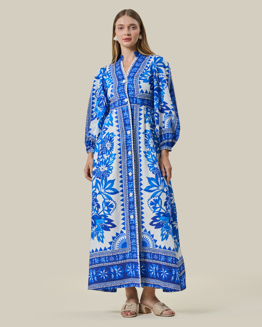 Porcelain Maiolica Border Print Maxi Dress