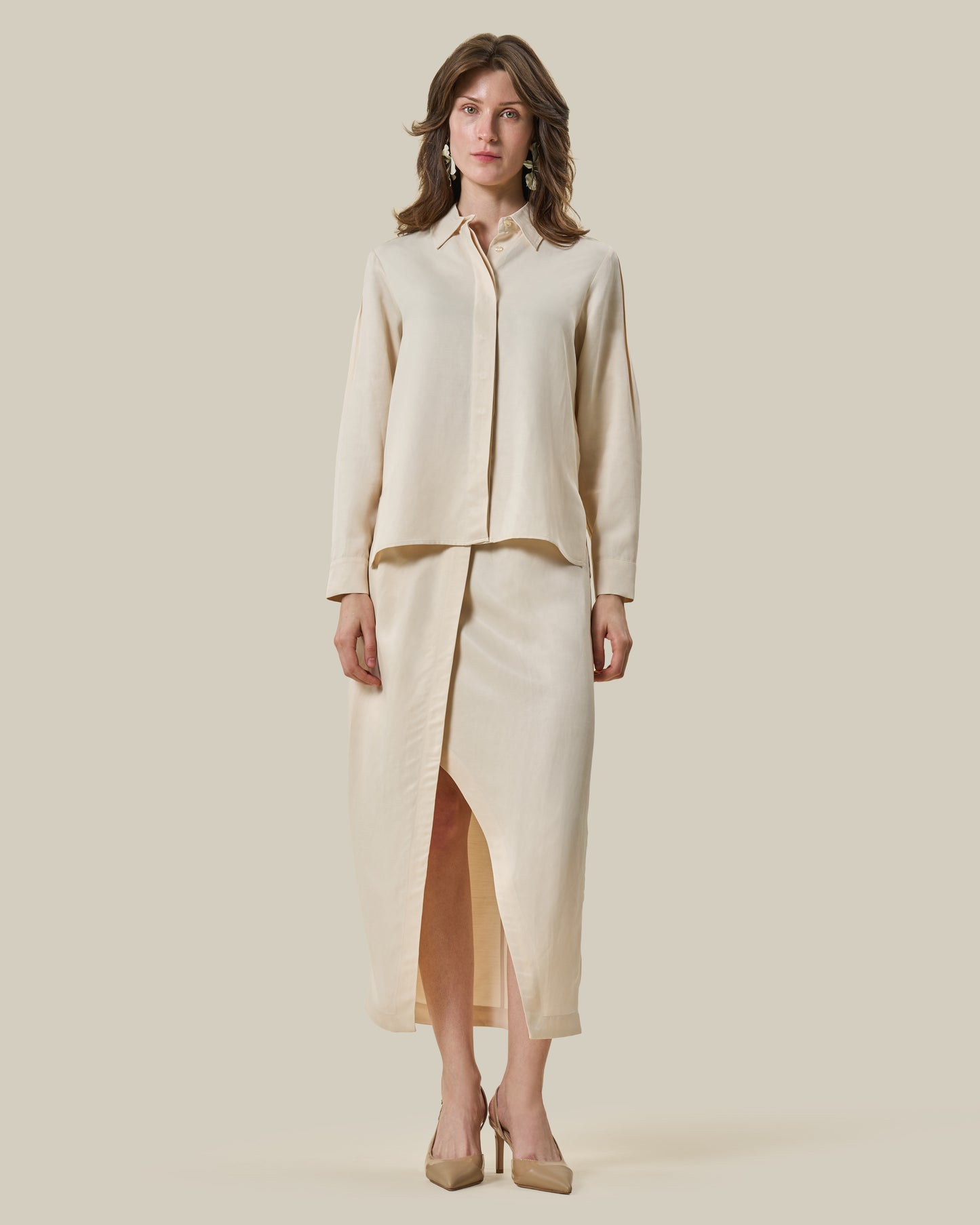 Beige Concealed-Placket Long-Sleeve Shirt