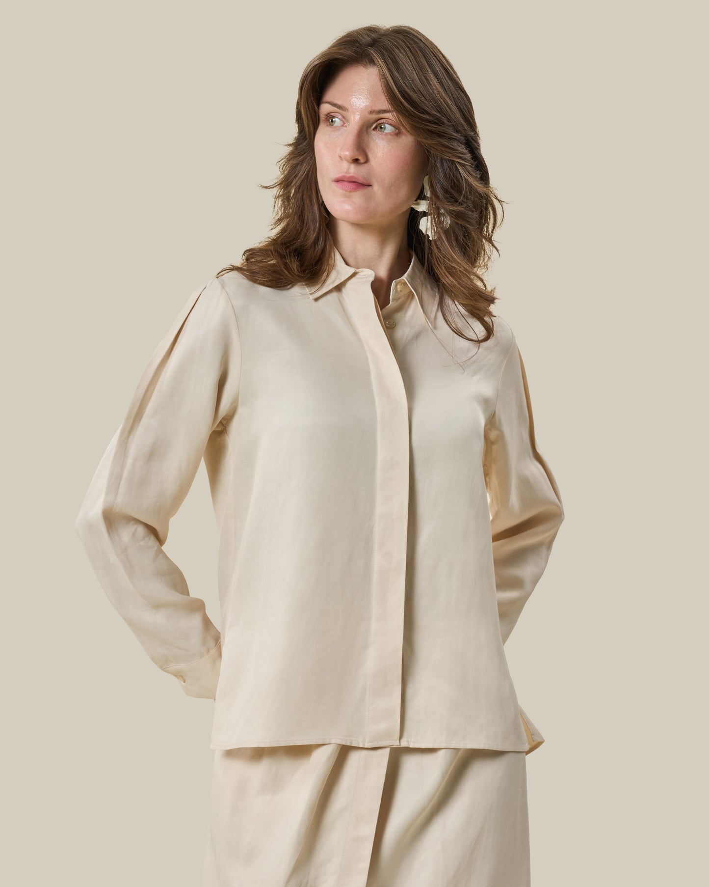 Beige Concealed-Placket Long-Sleeve Shirt