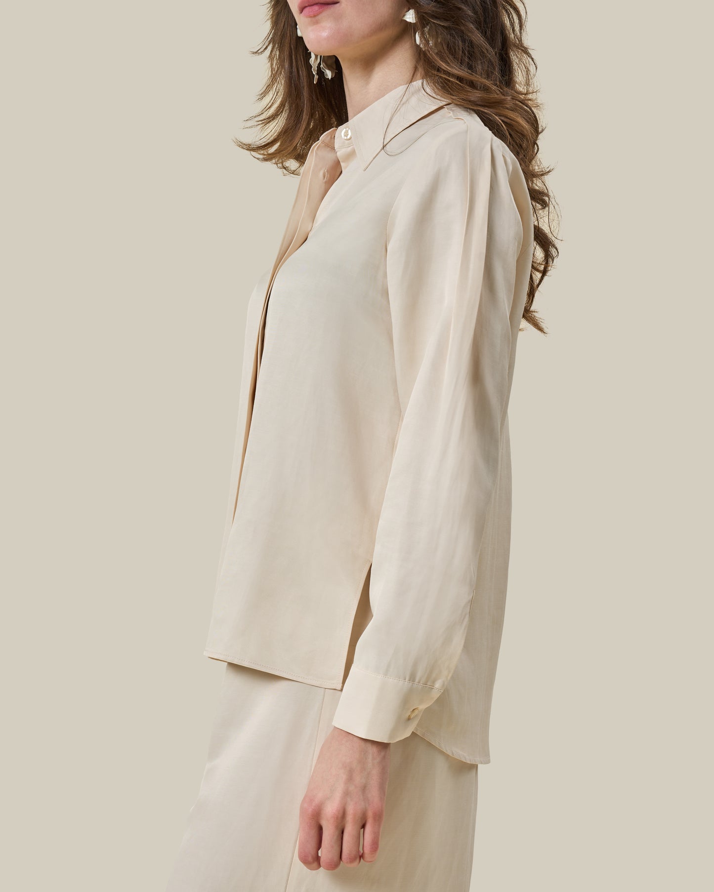 Beige Concealed-Placket Long-Sleeve Shirt
