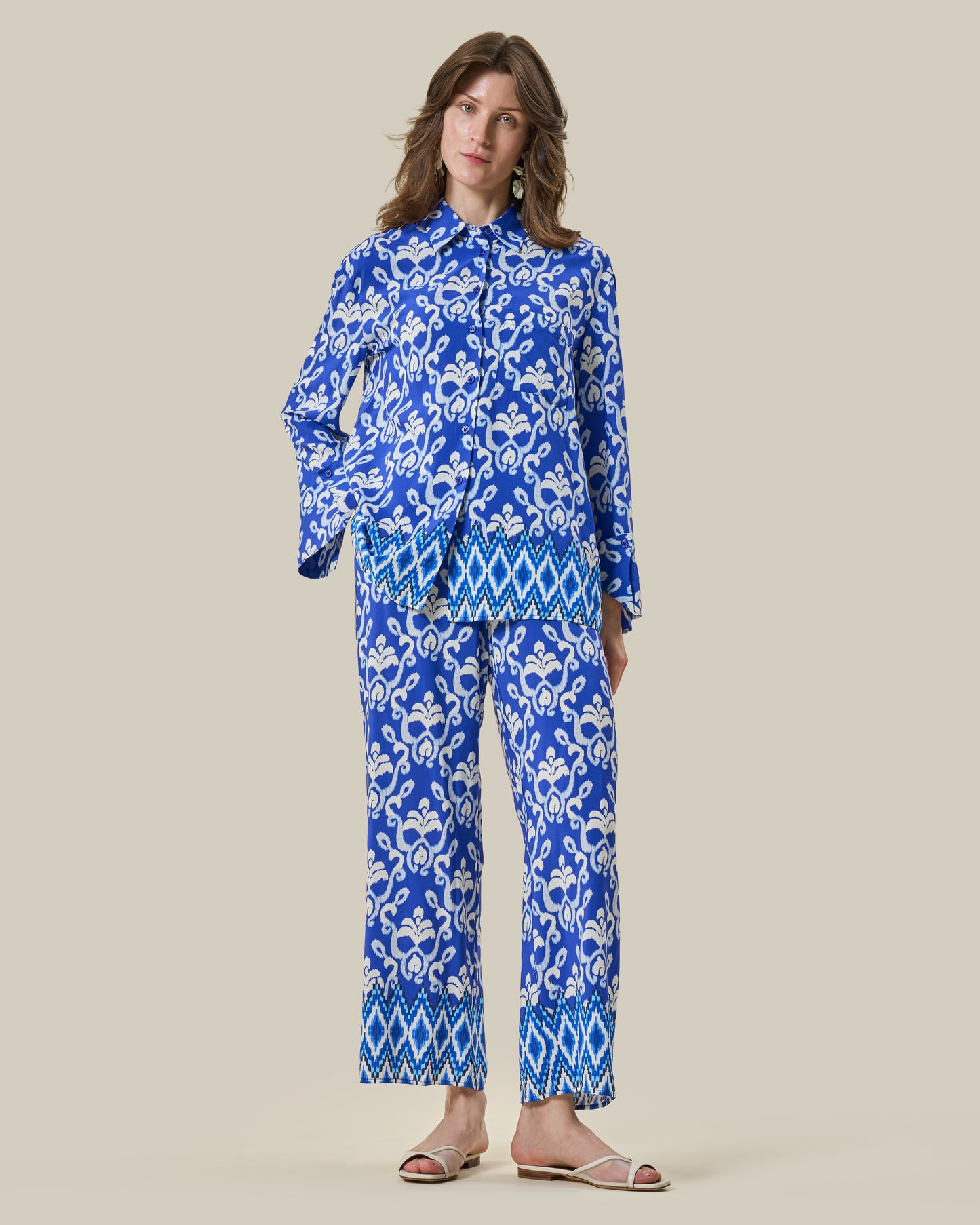 Blue Ikat Printed Silk Shirt & Trouser Set