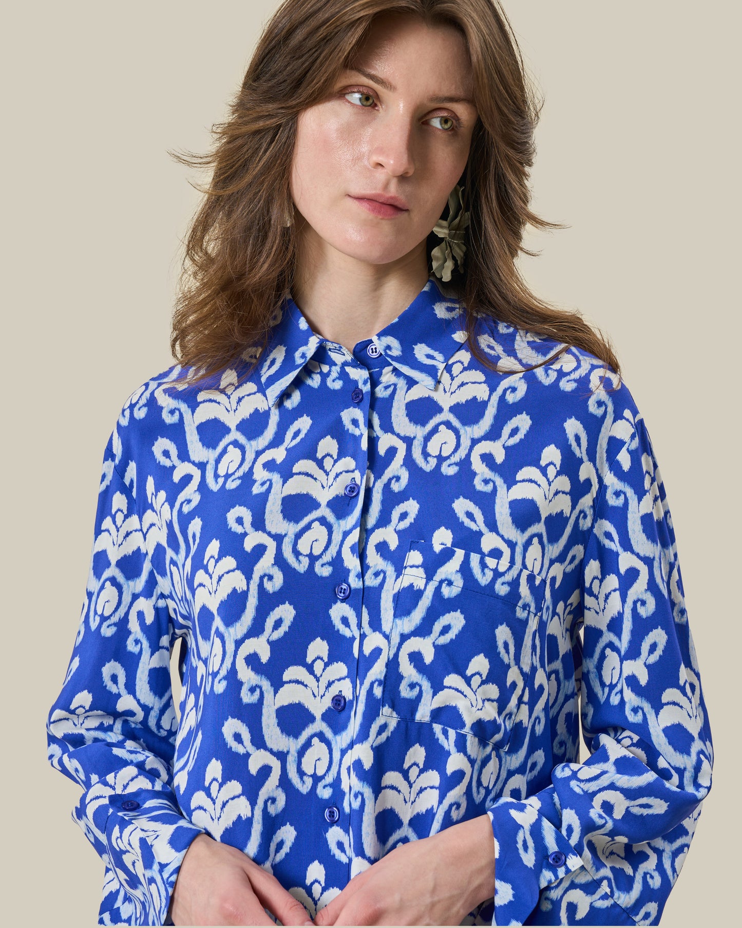 Blue Ikat Printed Silk Shirt & Trouser Set