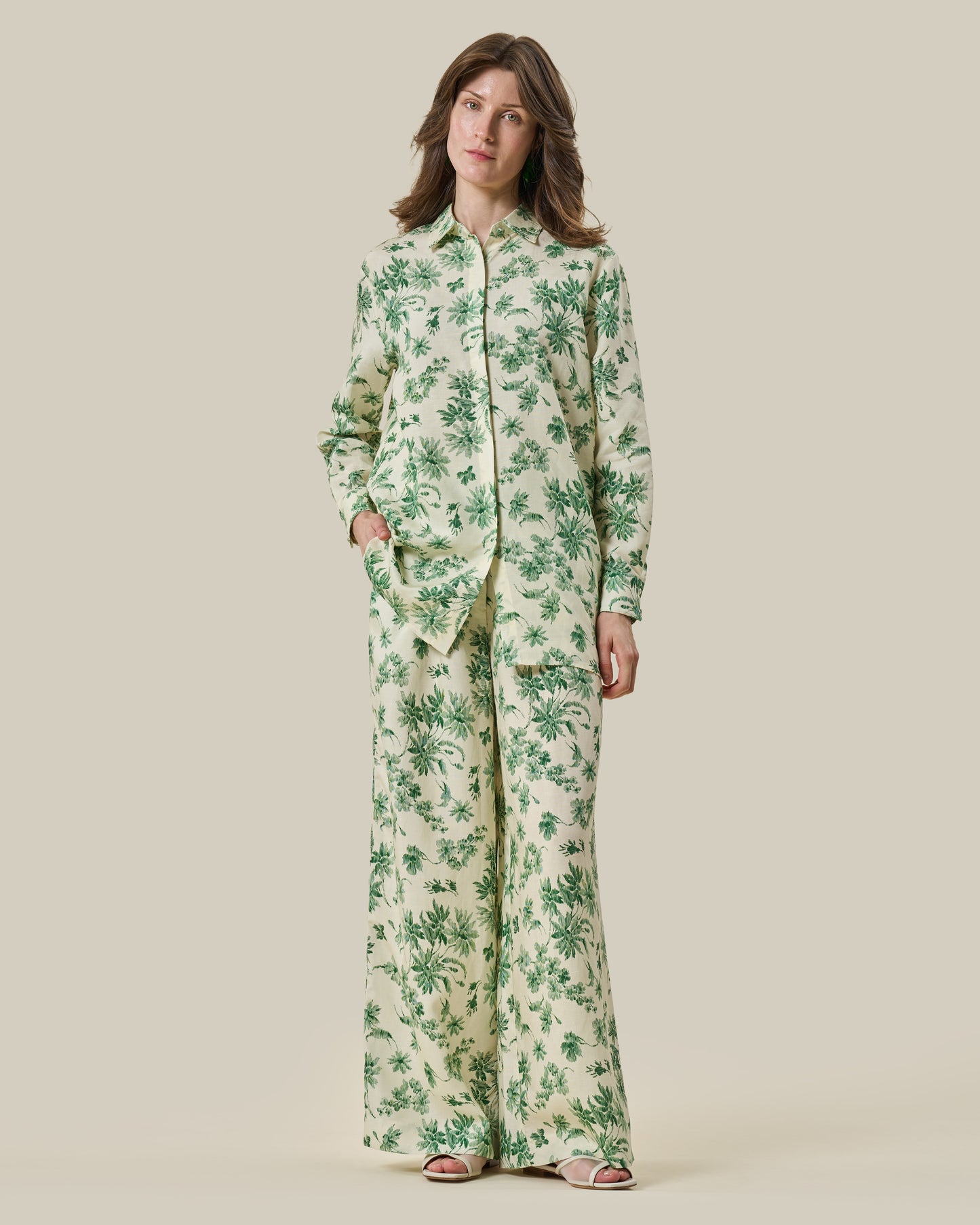 Green Botanical Printed Linen Shirt & Trouser Set