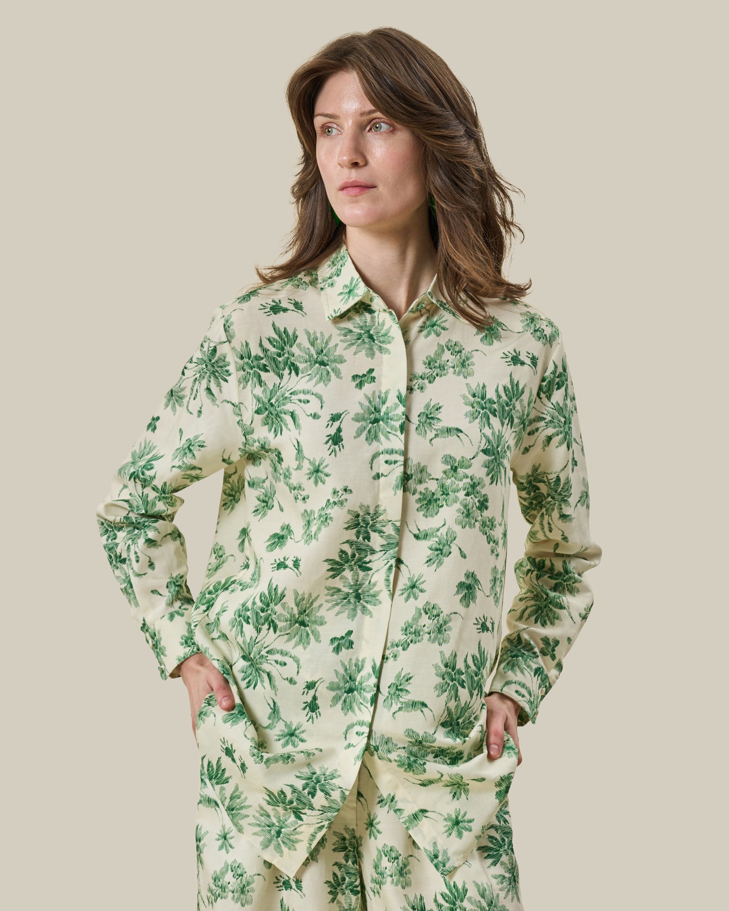 Green Botanical Printed Linen Shirt & Trouser Set