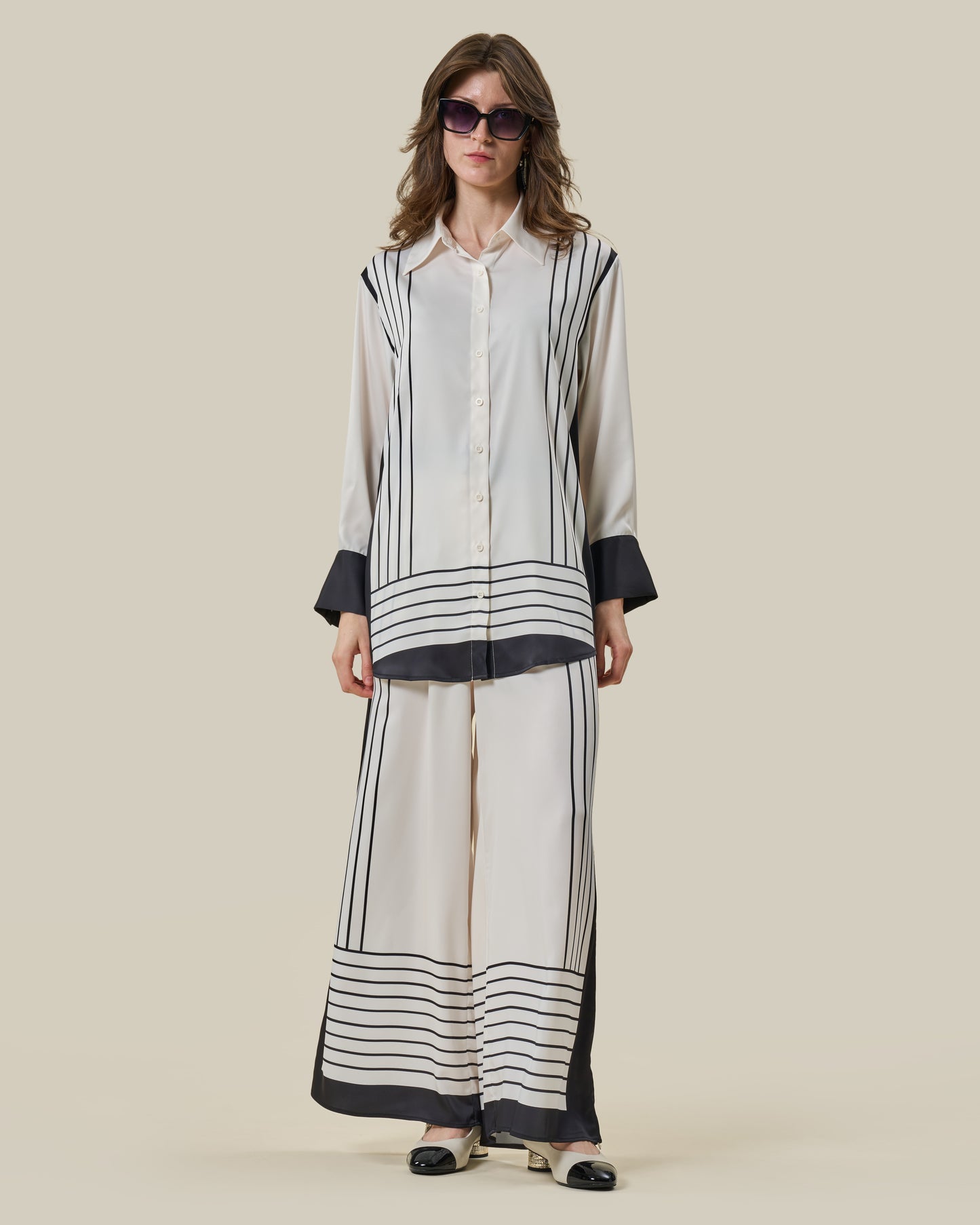 Stripe Print Silk Longline Shirt