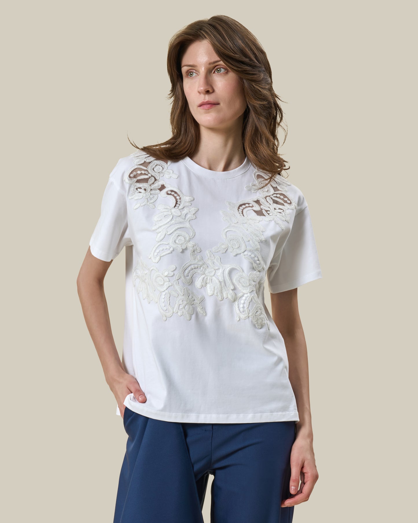 White Lace Embroidered T-Shirt