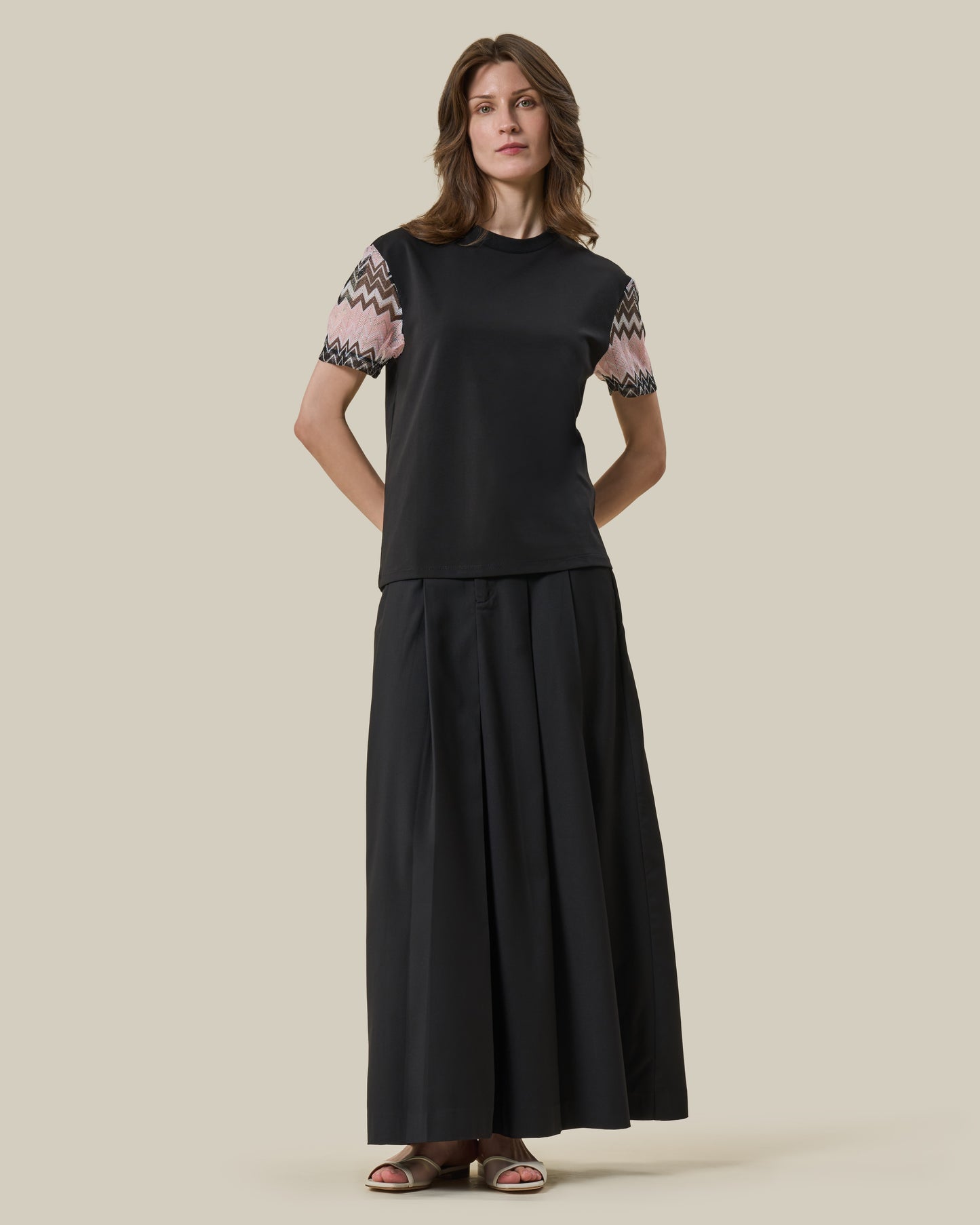 Black Chevron Knit-Sleeve T-Shirt