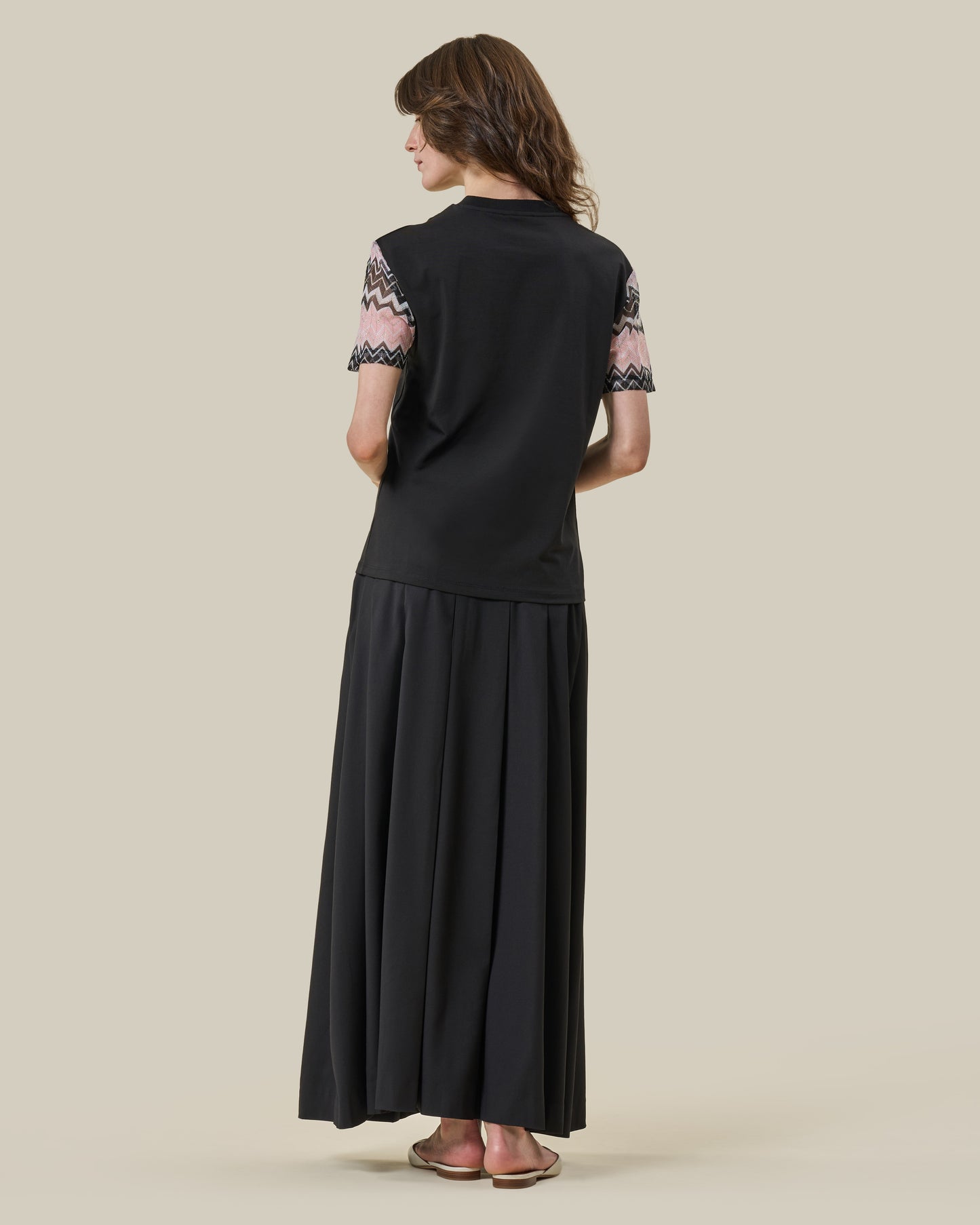 Black Chevron Knit-Sleeve T-Shirt