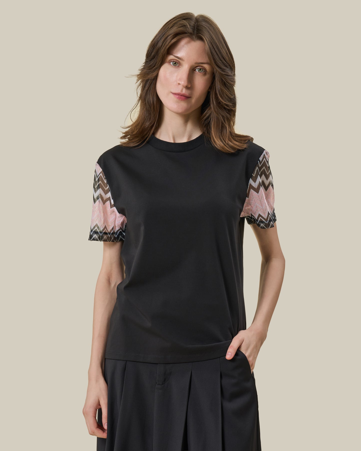 Black Chevron Knit-Sleeve T-Shirt