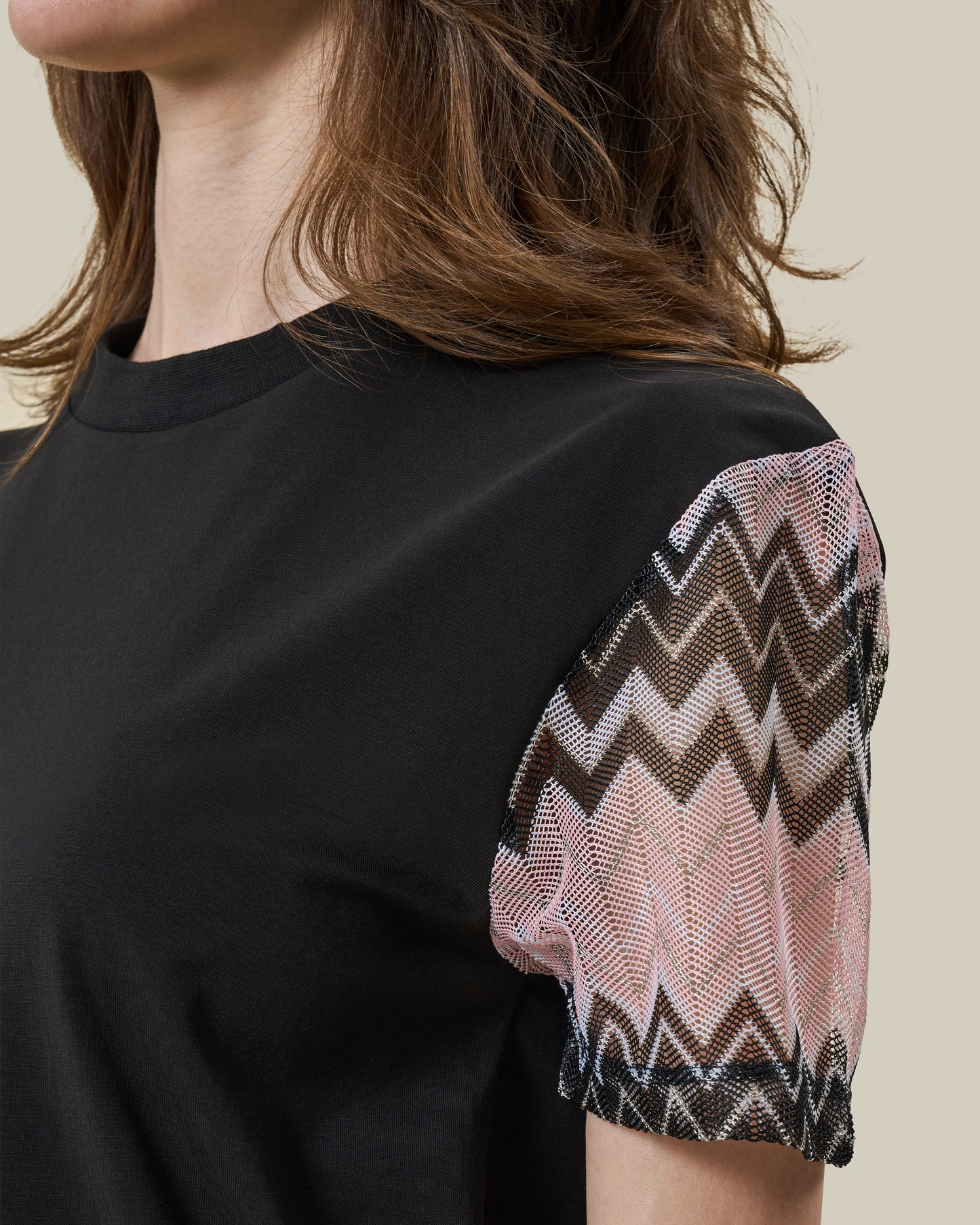 Black Chevron Knit-Sleeve T-Shirt