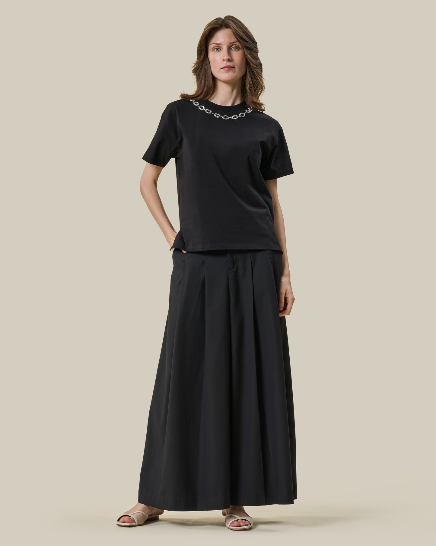 Black Rhinestone Chain Neckline T-Shirt
