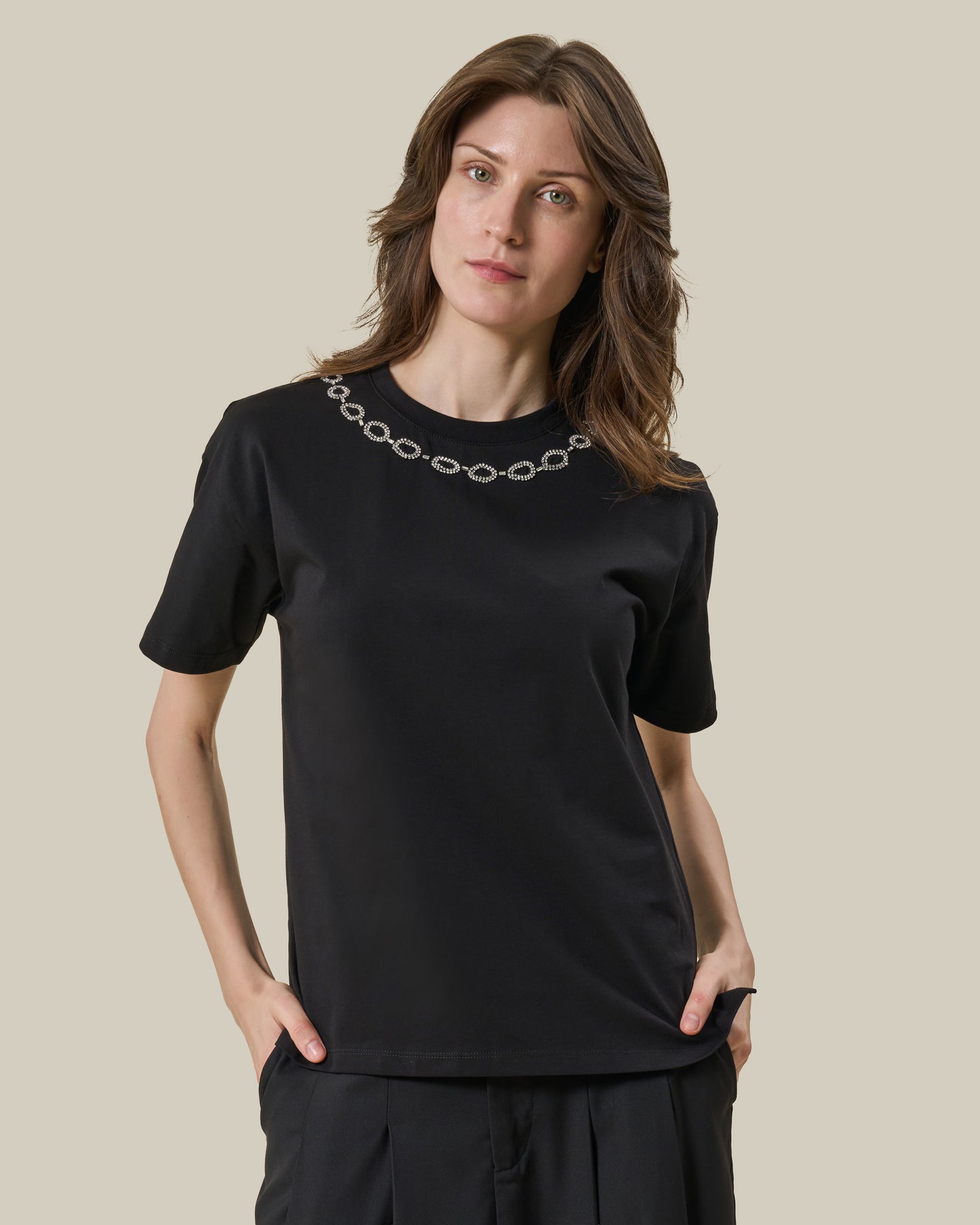 Black Rhinestone Chain Neckline T-Shirt