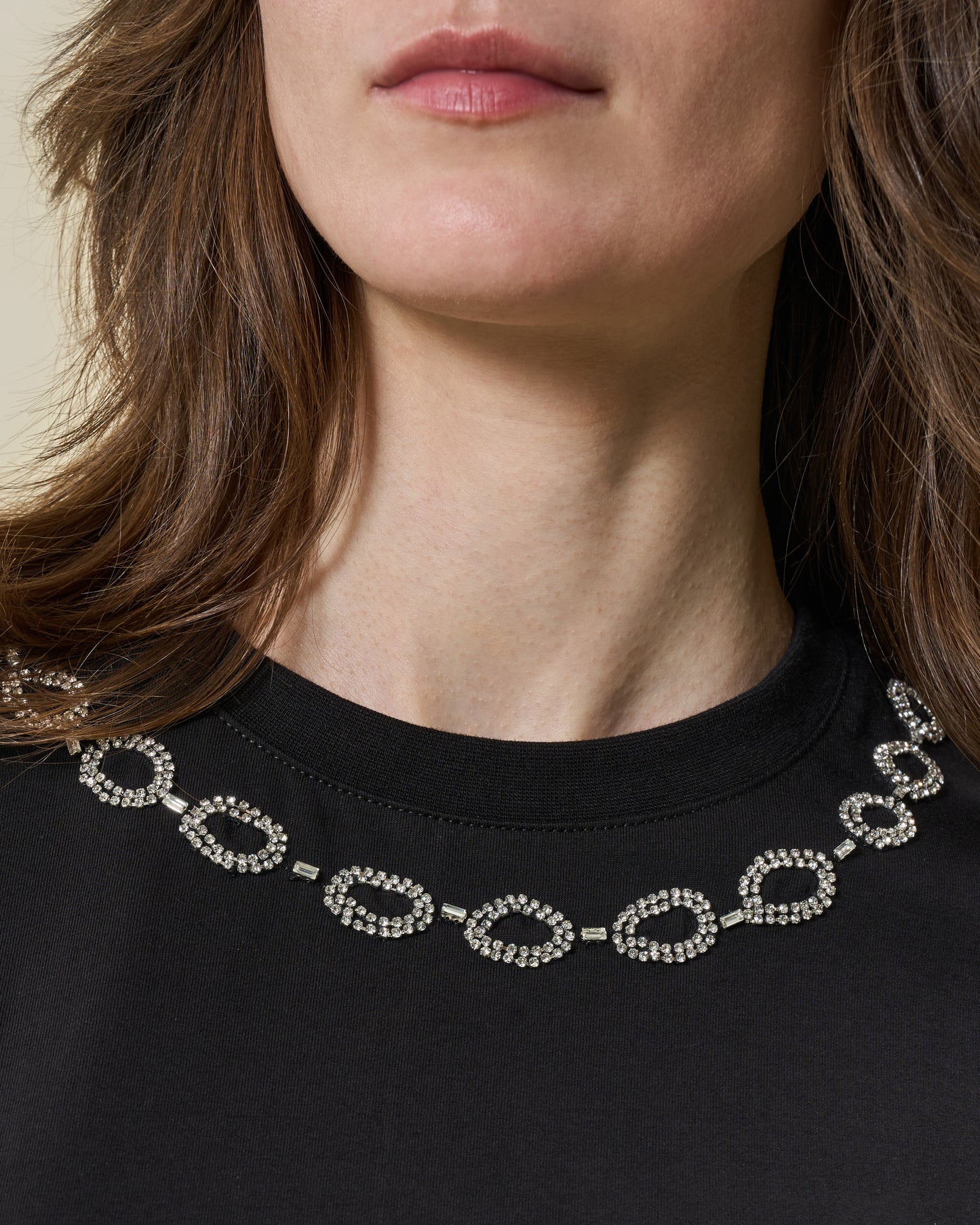Black Rhinestone Chain Neckline T-Shirt