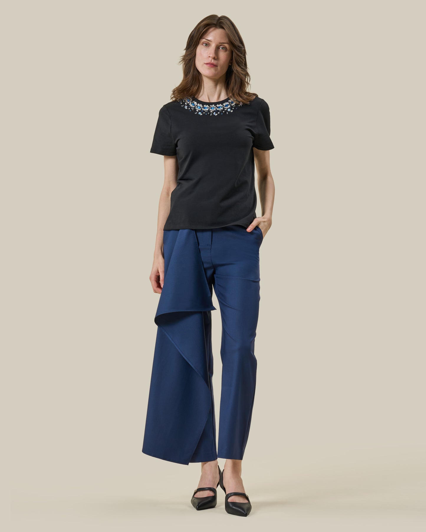 Black Embellished Neckline T-Shirt