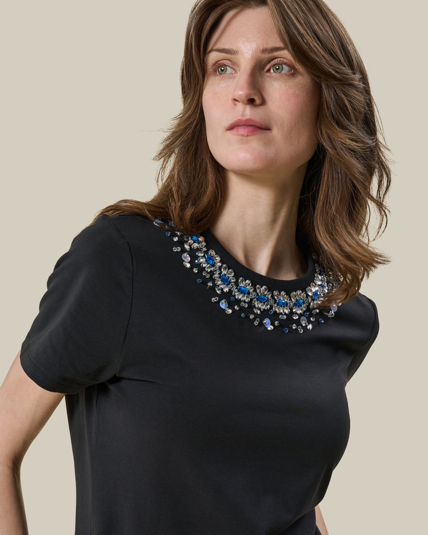 Black Embellished Neckline T-Shirt