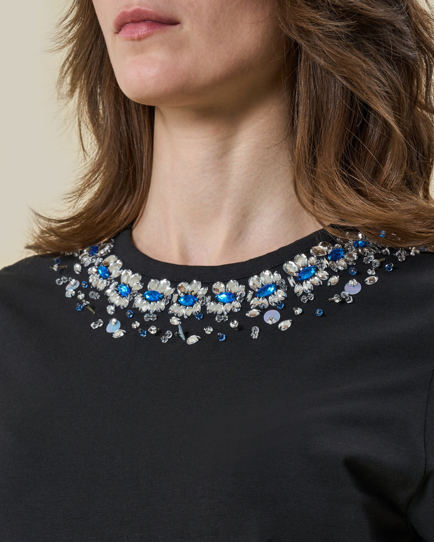Black Embellished Neckline T-Shirt