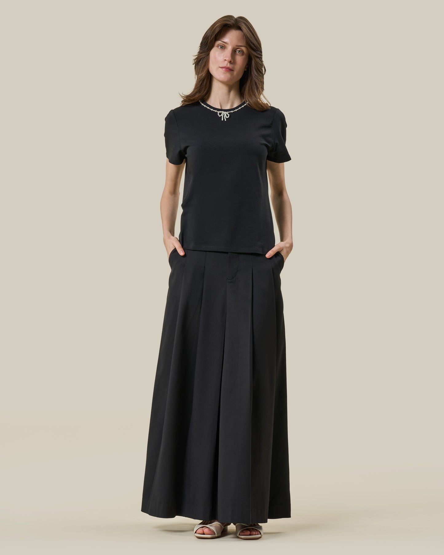 Black Pearl-Embellished Bow Neck T-Shirt