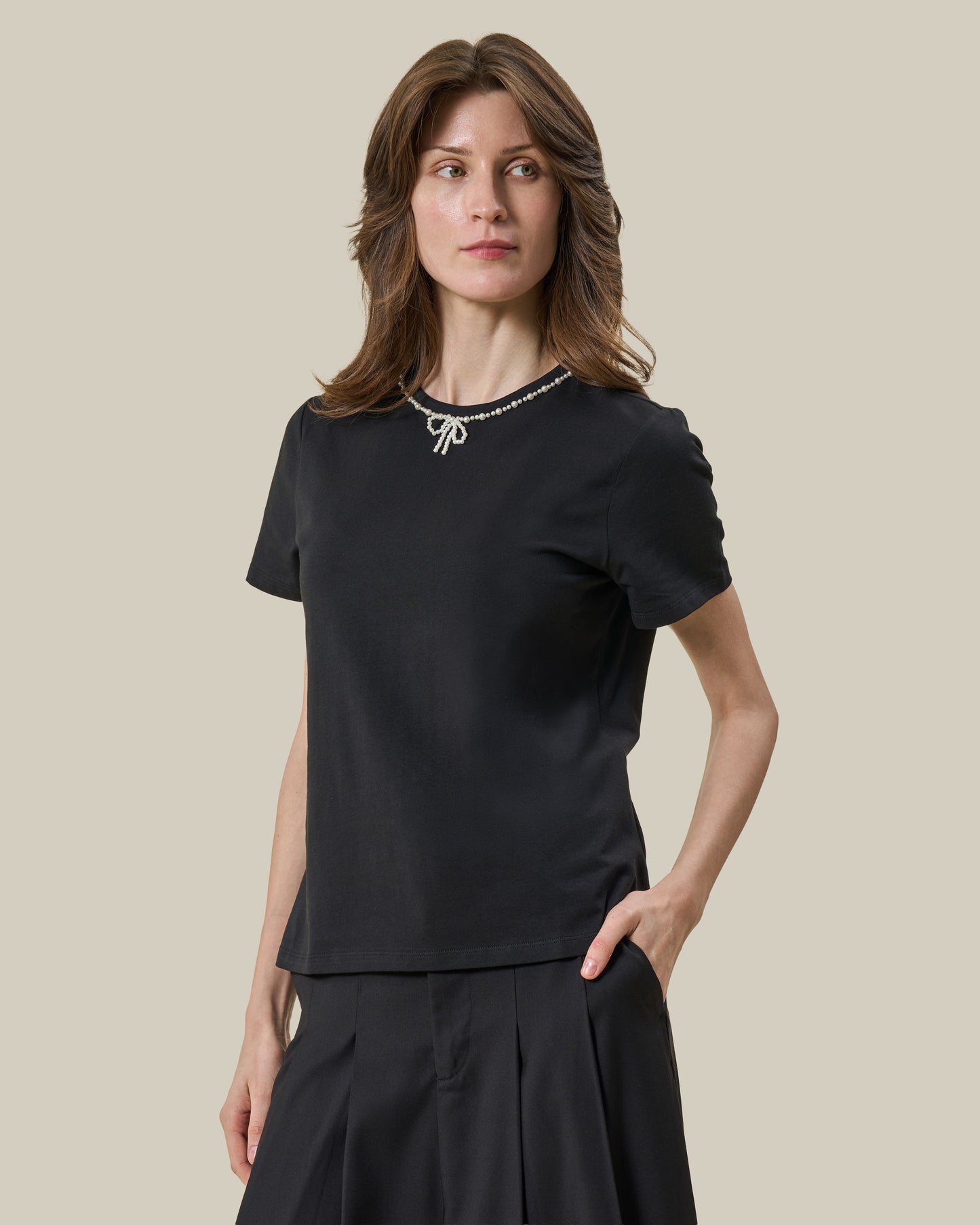 Black Pearl-Embellished Bow Neck T-Shirt