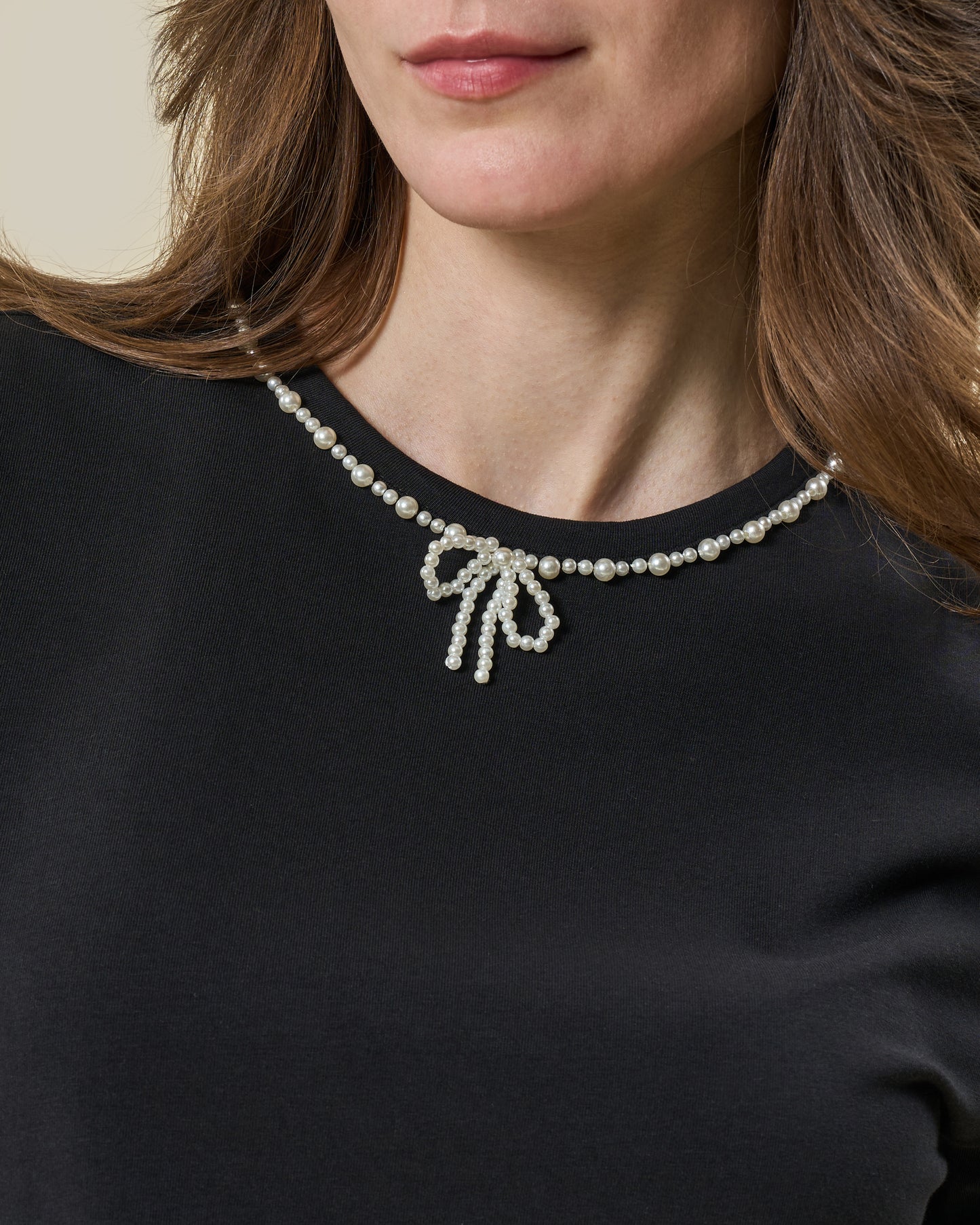 Black Pearl-Embellished Bow Neck T-Shirt
