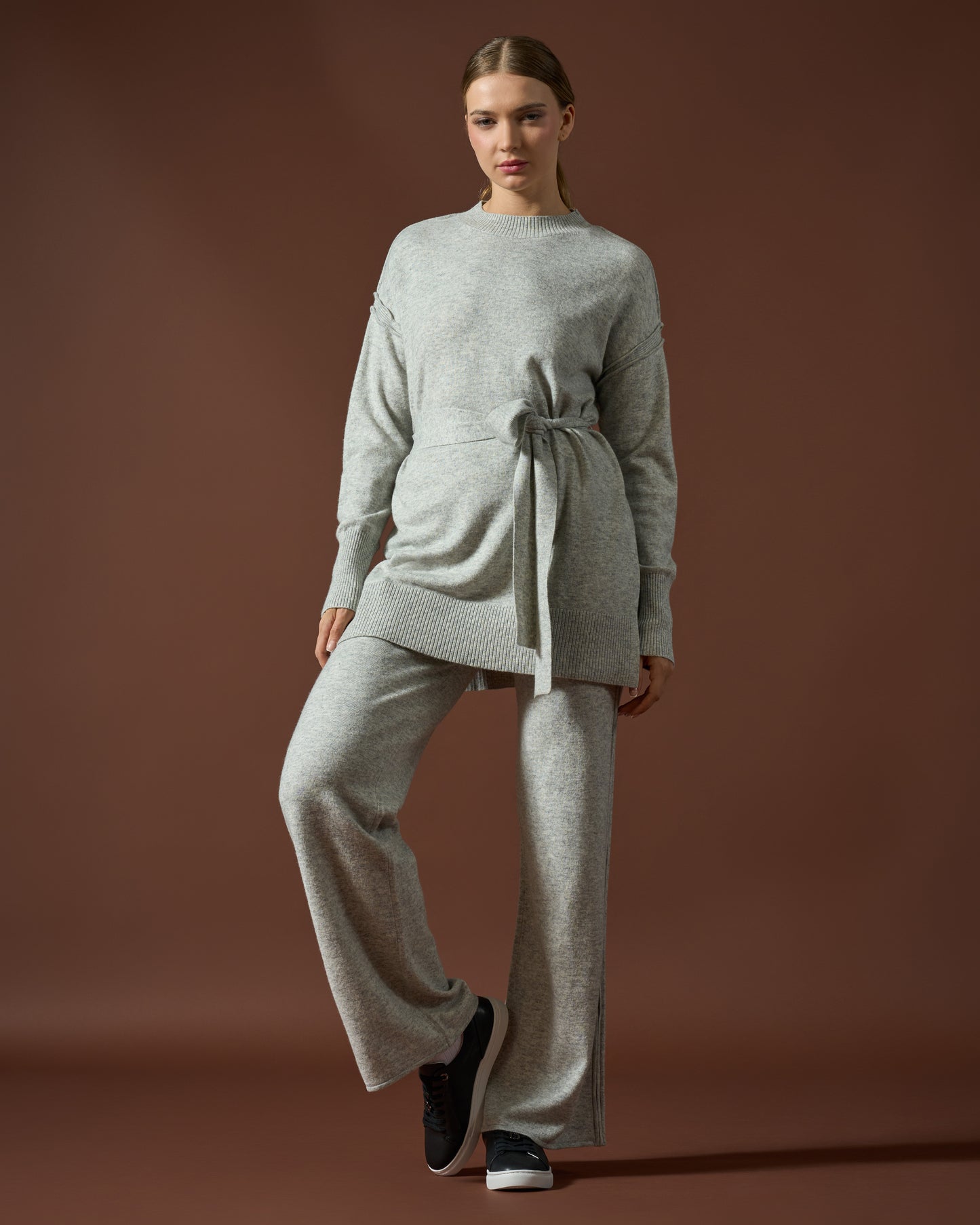 Cozy Knit Belted Top & Wide-Leg Trouser