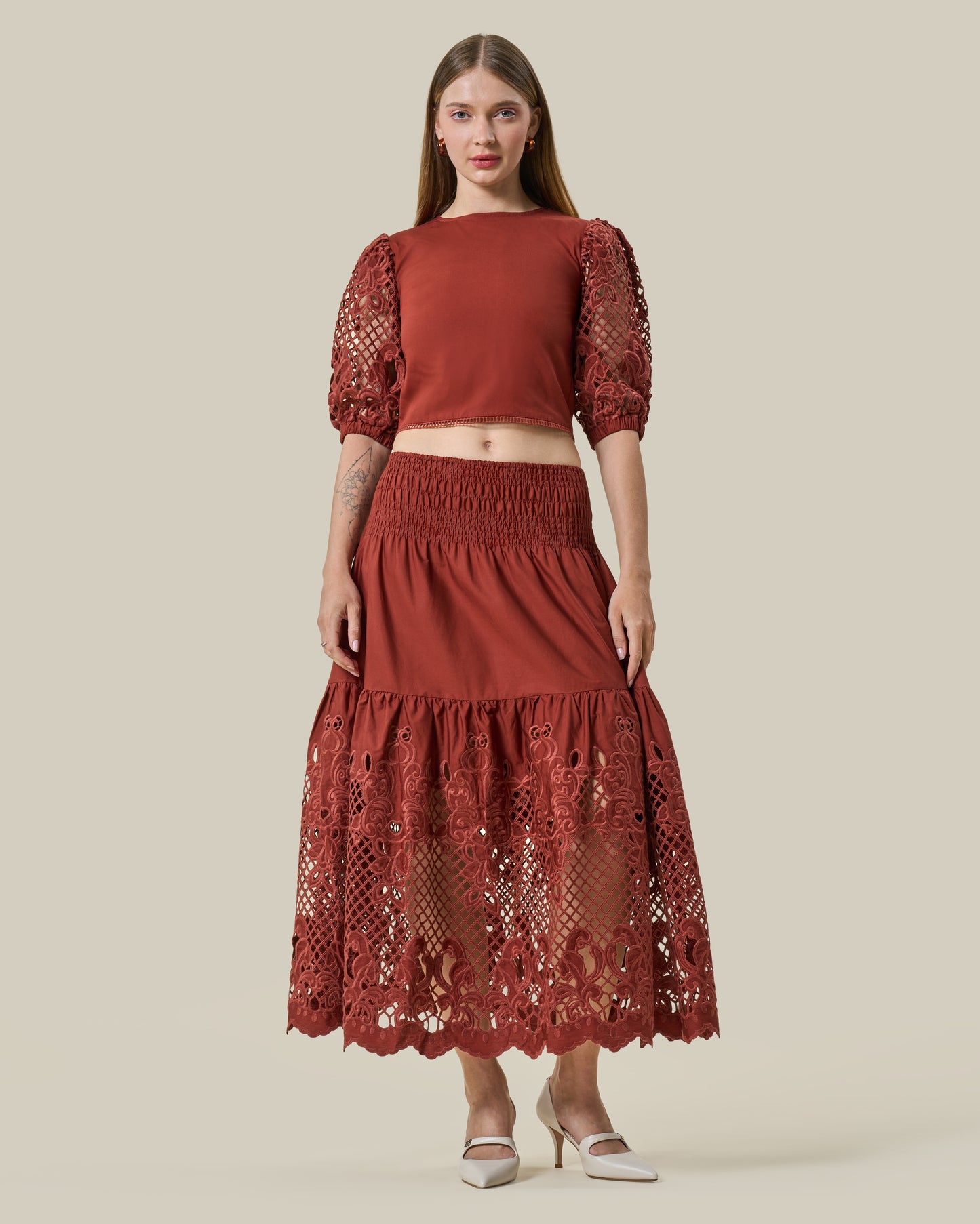 Terracotta Lattice-Sleeve Crop Top